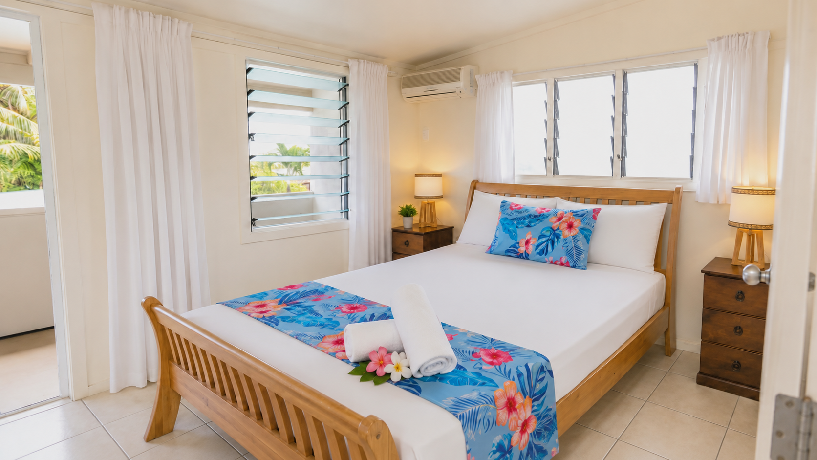 A bedroom with a wooden bed frame, white bedding, and floral blue and pink accents. There are two nightstands with lamps, white curtains, and a window with louvered glass panels. A rolled towel with tropical flowers is on the bed.