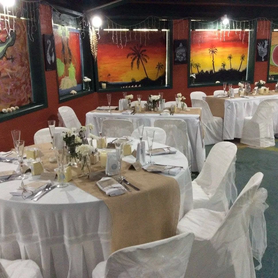 Beautiful wedding reception setup at Kikau Hut Restaurant in Arorangi, Rarotonga, Cook Islands.