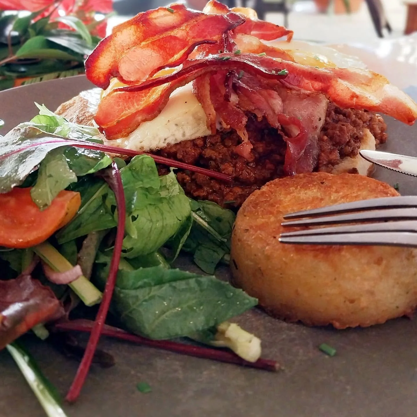 Breakfast and coffee at The Lucky Rooster Eatery in Rarotonga, Cook Islands.