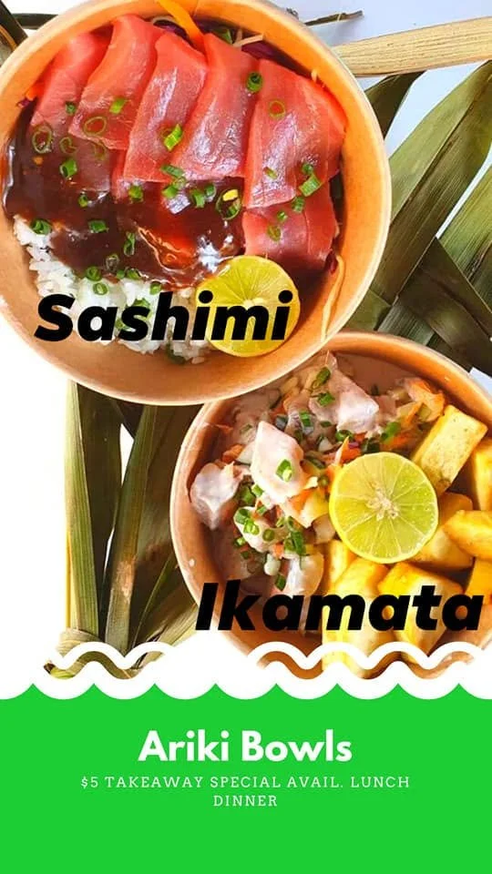 Fresh sashimi and ika mata at Ariki Bowls in Rarotonga, a popular local dining option for guests staying at Coral Sands Apartments.
