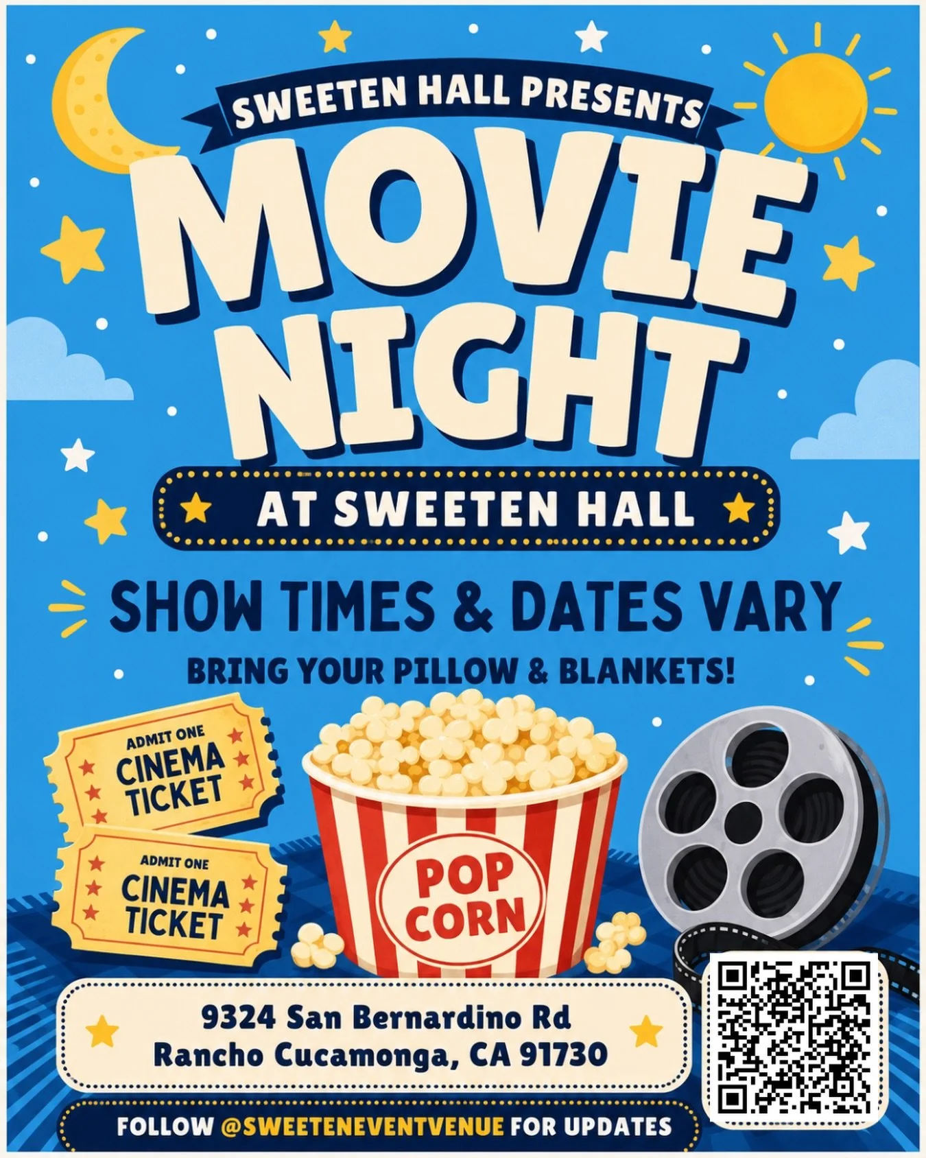 Movie Night at Sweeten Hall! 🍿
Join us for our first movie night on Tuesday, June 16!

Bring your pillows, blankets, and family for a cozy night out. We&rsquo;ll have popcorn, hot dogs, candy, soda, and water available for purchase. 🌭🍬🥤

🎟️ Tick