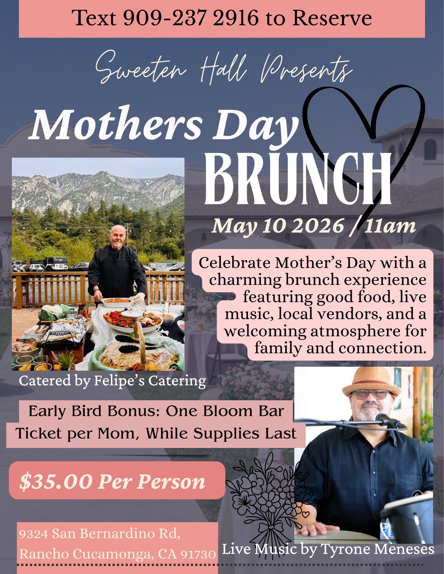 Celebrate Mother&rsquo;s Day with us at Sweeten Hall in Rancho Cucamonga for a beautiful brunch experience with live music, local vendors, and a warm historic setting made for special family memories.

We&rsquo;re also hosting a Mother&rsquo;s Day Br