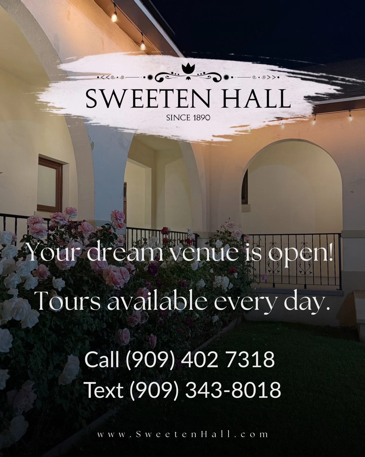 Your dream venue is open and tours are available every single day! 
Come see the courtyard, the arches, the roses in person. You&rsquo;ll understand the moment you walk in. 

📍 9324 San Bernardino Rd, Rancho Cucamonga
Office: (909) 402 7318 

#Sweet