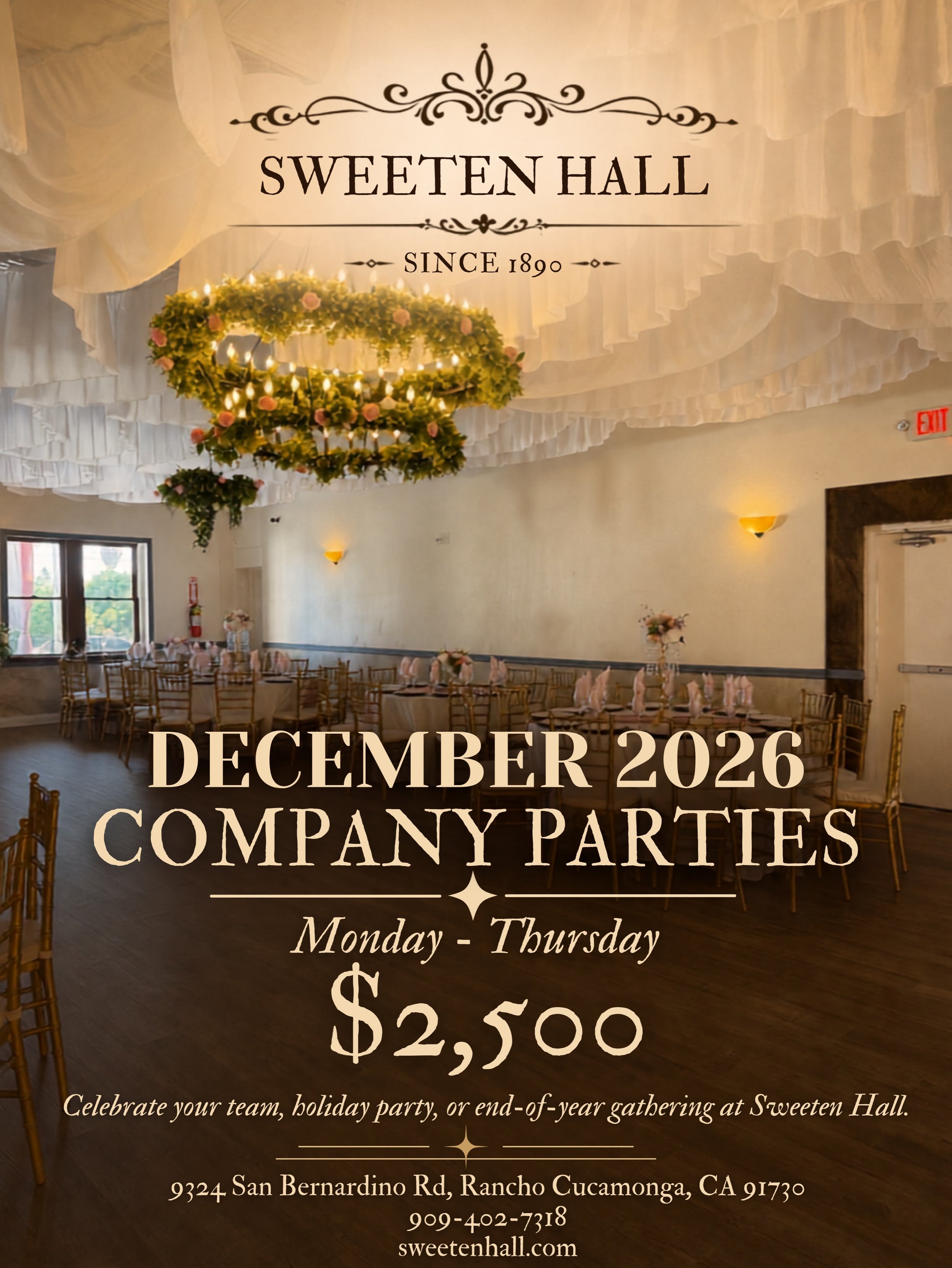 December company parties are now booking at Sweeten Hall! 

Celebrate your team, host your holiday gathering, or end the year together in a beautiful space made for memorable moments.

Monday&ndash;Thursday in December 2026
$2,500

Includes:
&bull; T