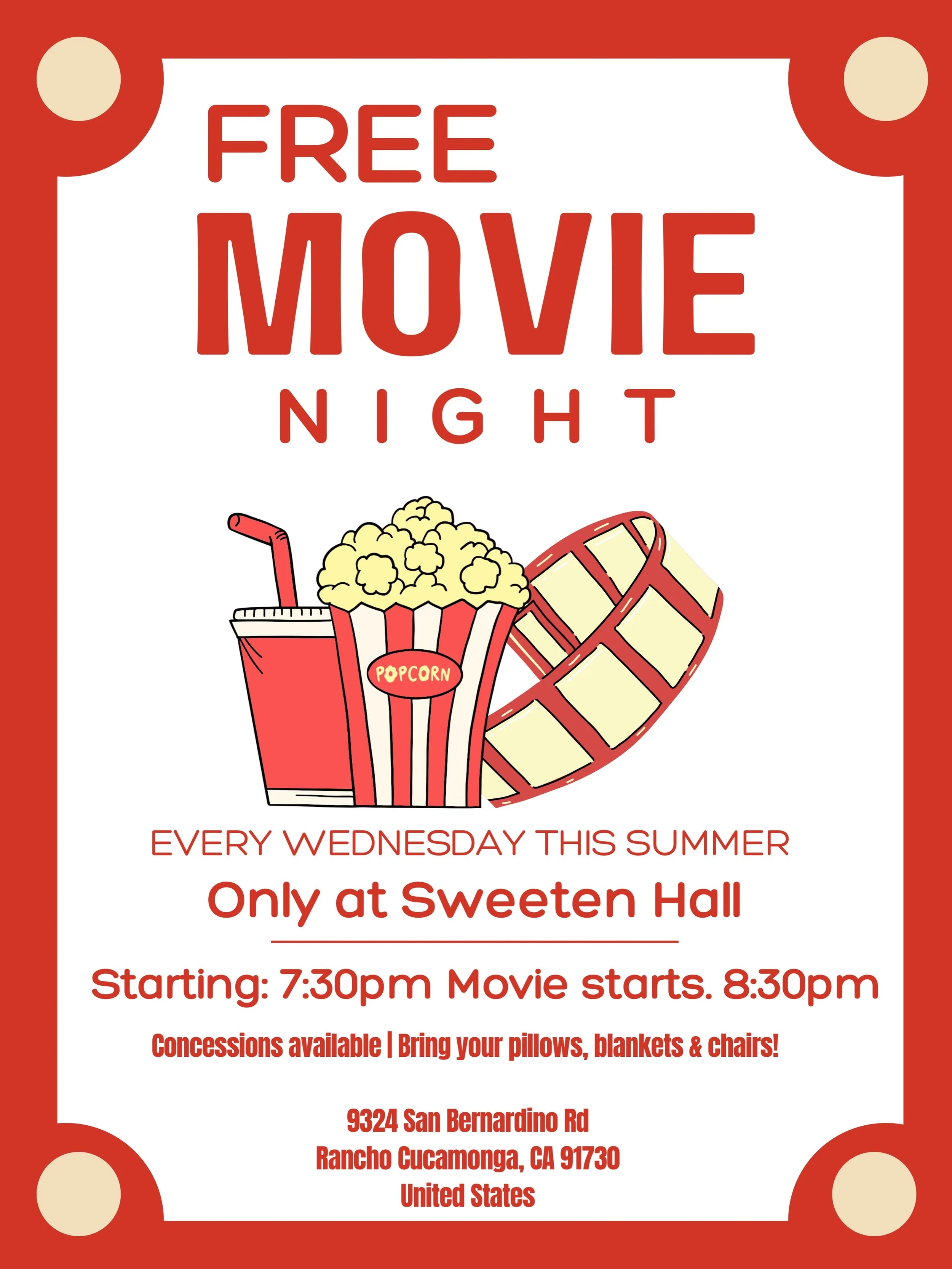 🎬 Tonight&rsquo;s FREE Movie Night feature is Wreck-It Ralph! 🍿

Join us at Sweeten Hall for a fun family movie night! Doors open at 7:30 PM, and the movie begins at 8:30 PM.

📍 9324 San Bernardino Rd, Rancho Cucamonga, CA 91730

Bring your pillow