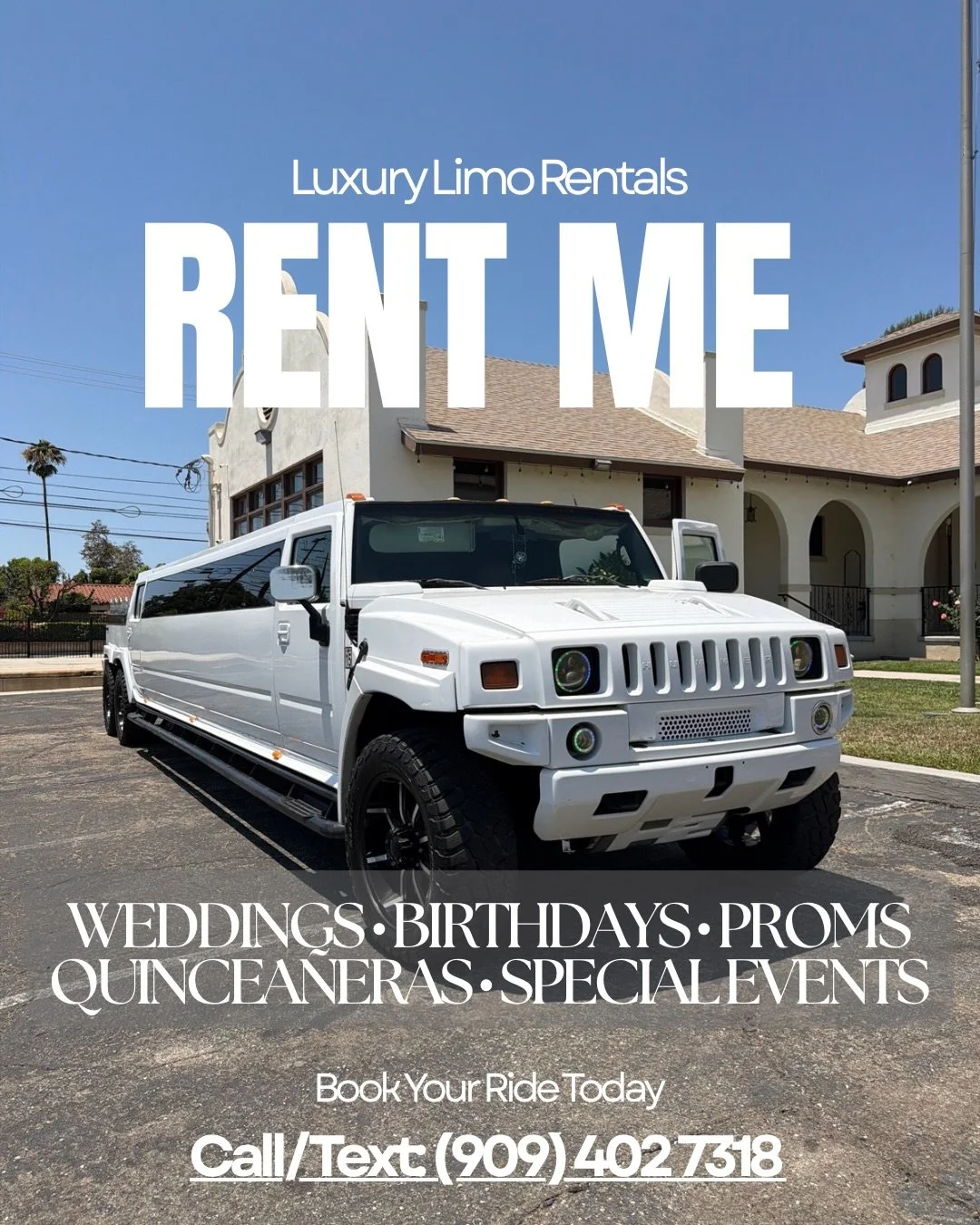 Make your entrance unforgettable. ✨ Our luxury Hummer limo is available for weddings, birthdays, proms, quincea&ntilde;eras, winery tours, and special events throughout Southern California.

Planning your event at Sweeten Hall? The Hummer limo is FRE