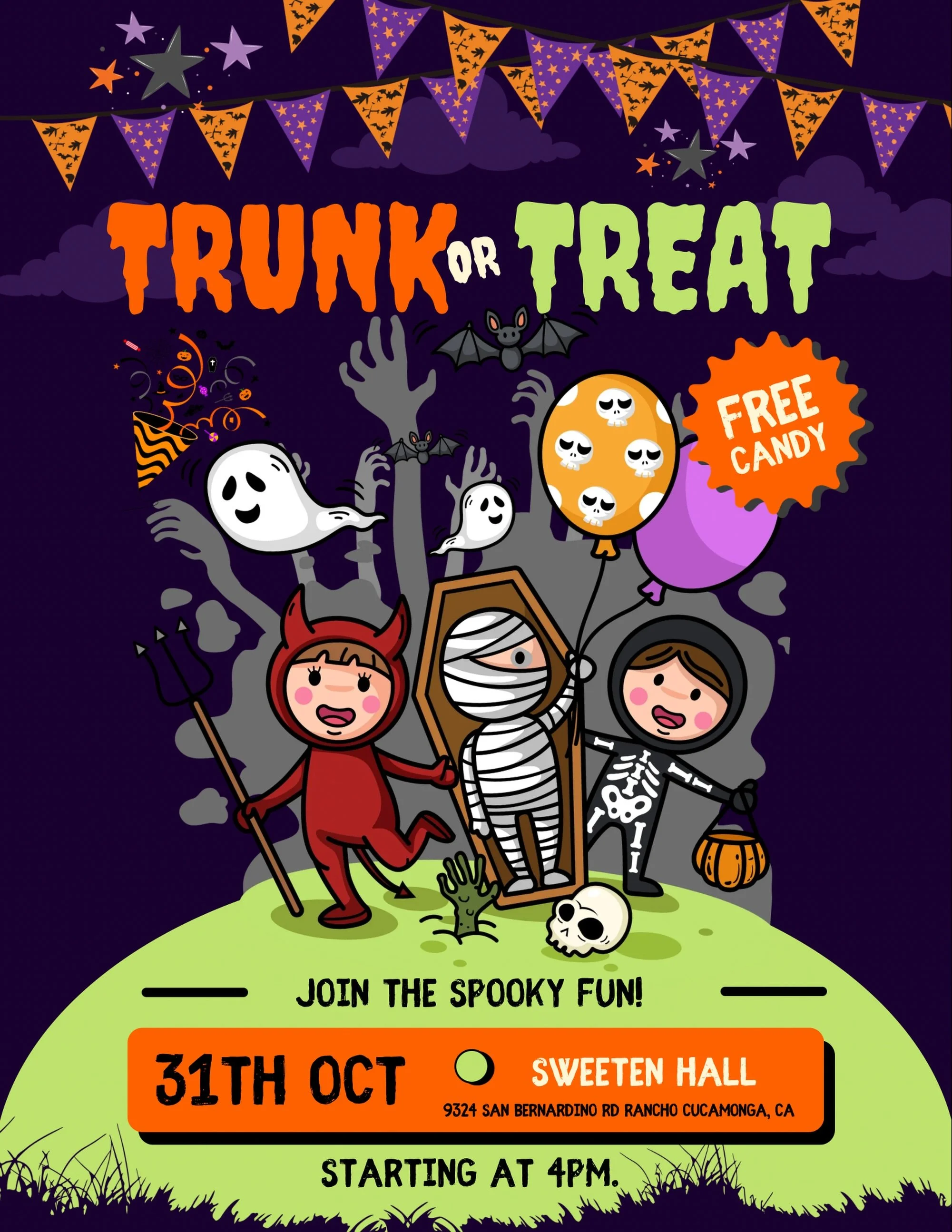 🎃👻 Rancho Cucamonga, are you ready for some spooky fun?! 👻🎃

Join us this October 31st at Sweeten Hall for a TRUNK OR TREAT filled with Halloween fun, costumes, treats, and of course&hellip; FREE CANDY! 🍬🍭

🕓 Starting at 4 PM
📍 Sweeten Hall &
