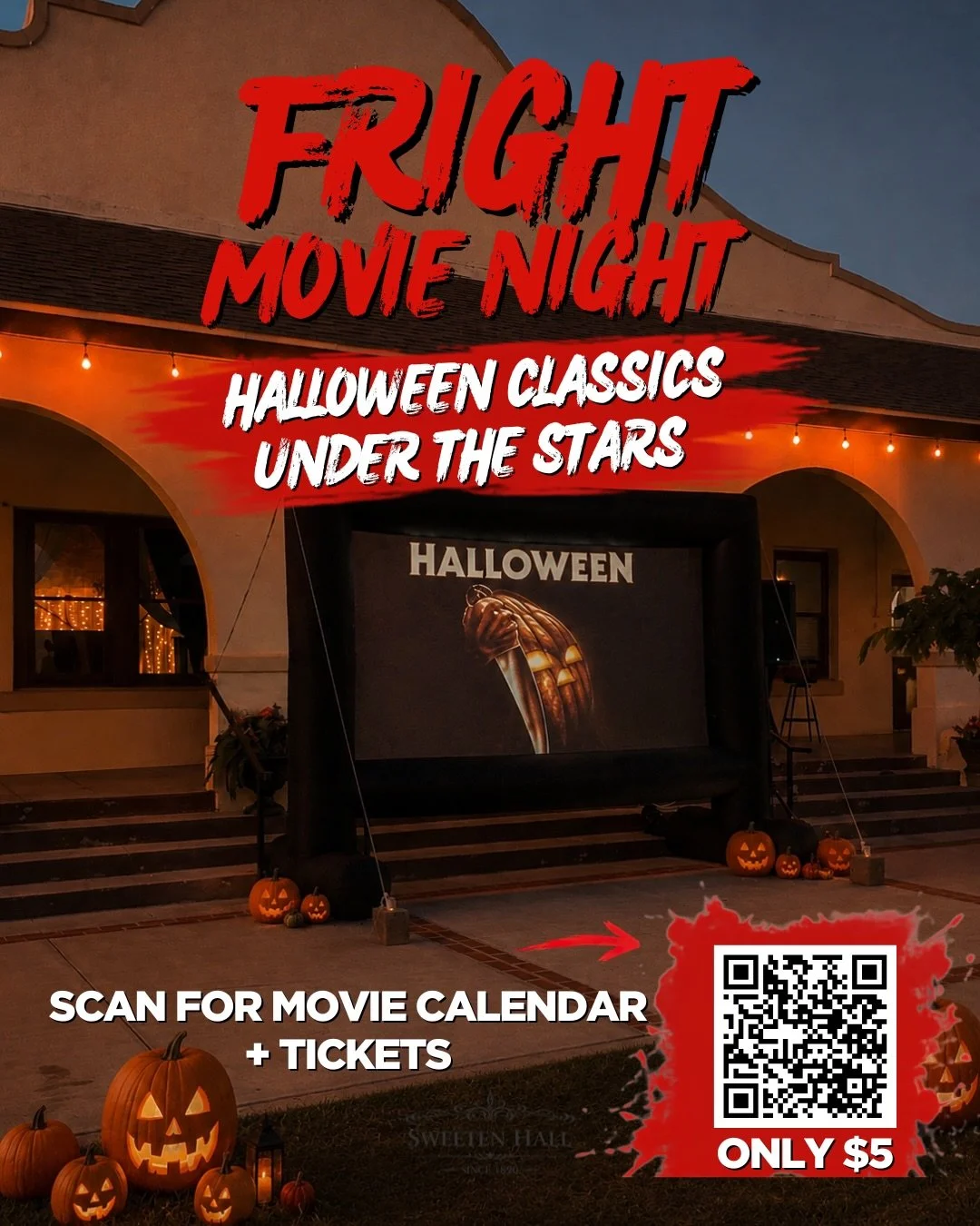 🎃 Fright Movie Nights are coming this October!

Every Wednesday at 7:30 PM, we&rsquo;re putting a Halloween favorite on the big screen and watching under the stars.

Oct. 7 &mdash; Halloween (1978)
Oct. 14 &mdash; Terrifier 21+ 
Oct. 21 &mdash; Hocu