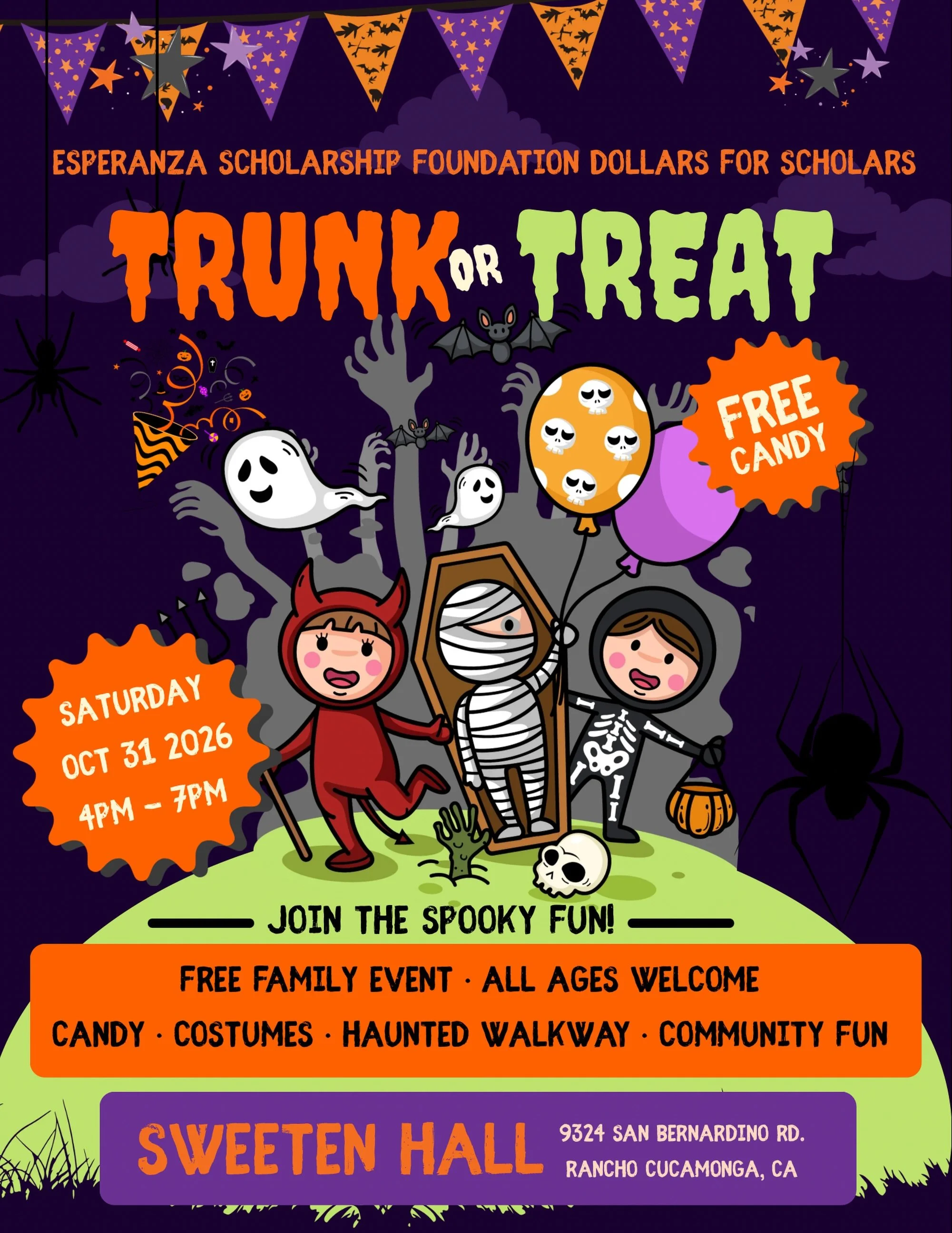 🎃 RANCHO CUCAMONGA &mdash; JOIN US FOR A FREE TRUNK OR TREAT! 👻🍬

Looking for a family-friendly Halloween event in Rancho Cucamonga? Bring the kids, wear your costumes, and join us at Sweeten Hall for an afternoon of Halloween fun for the communit