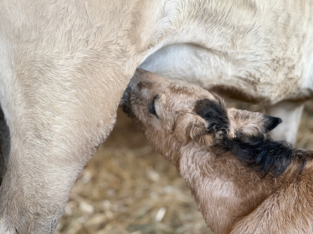 A close-up of a newborn foal nursing from its mother .