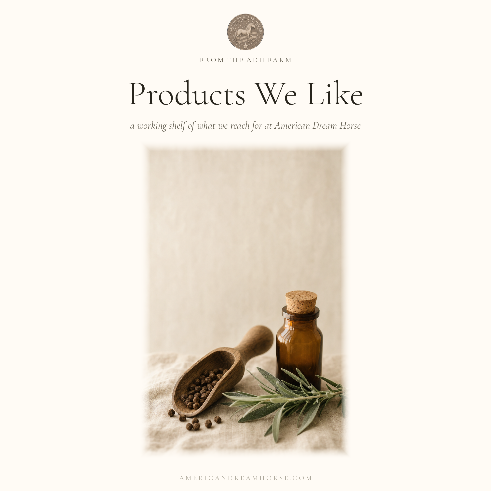 Products We Like-American Dream Horse Reading Room card, still-life of a feed scoop and amber apothecary bottle.