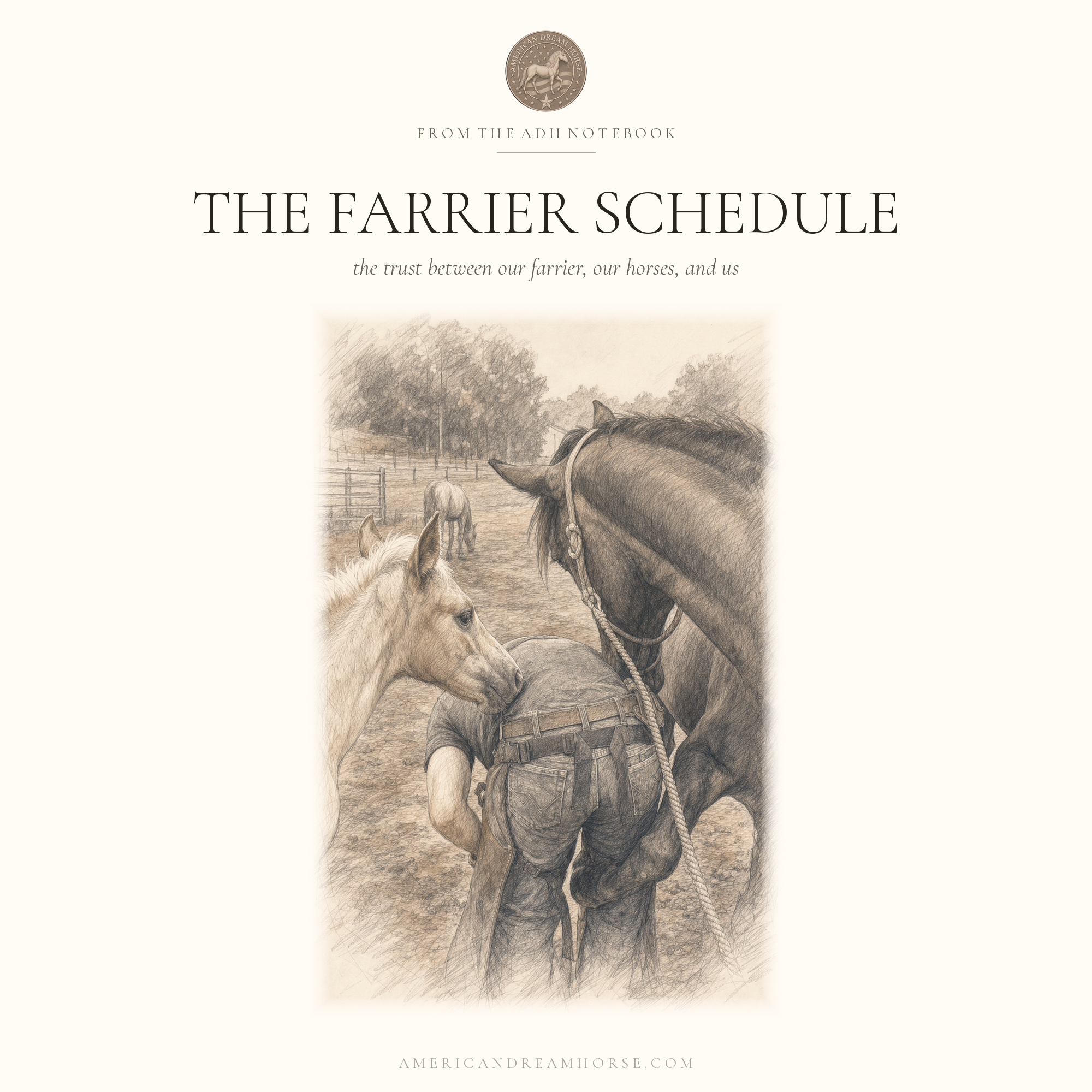 Pencil sketch of a farrier trimming a black Rocky Mountain Horse while a silver black roan Rocky Mountain Foal stands close and watches.