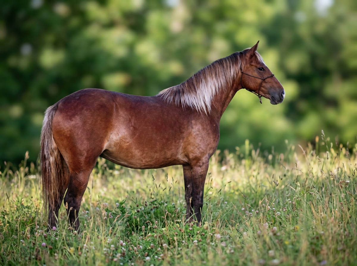 A chestnut horse standing in a grassy field with a blurred green forest background.