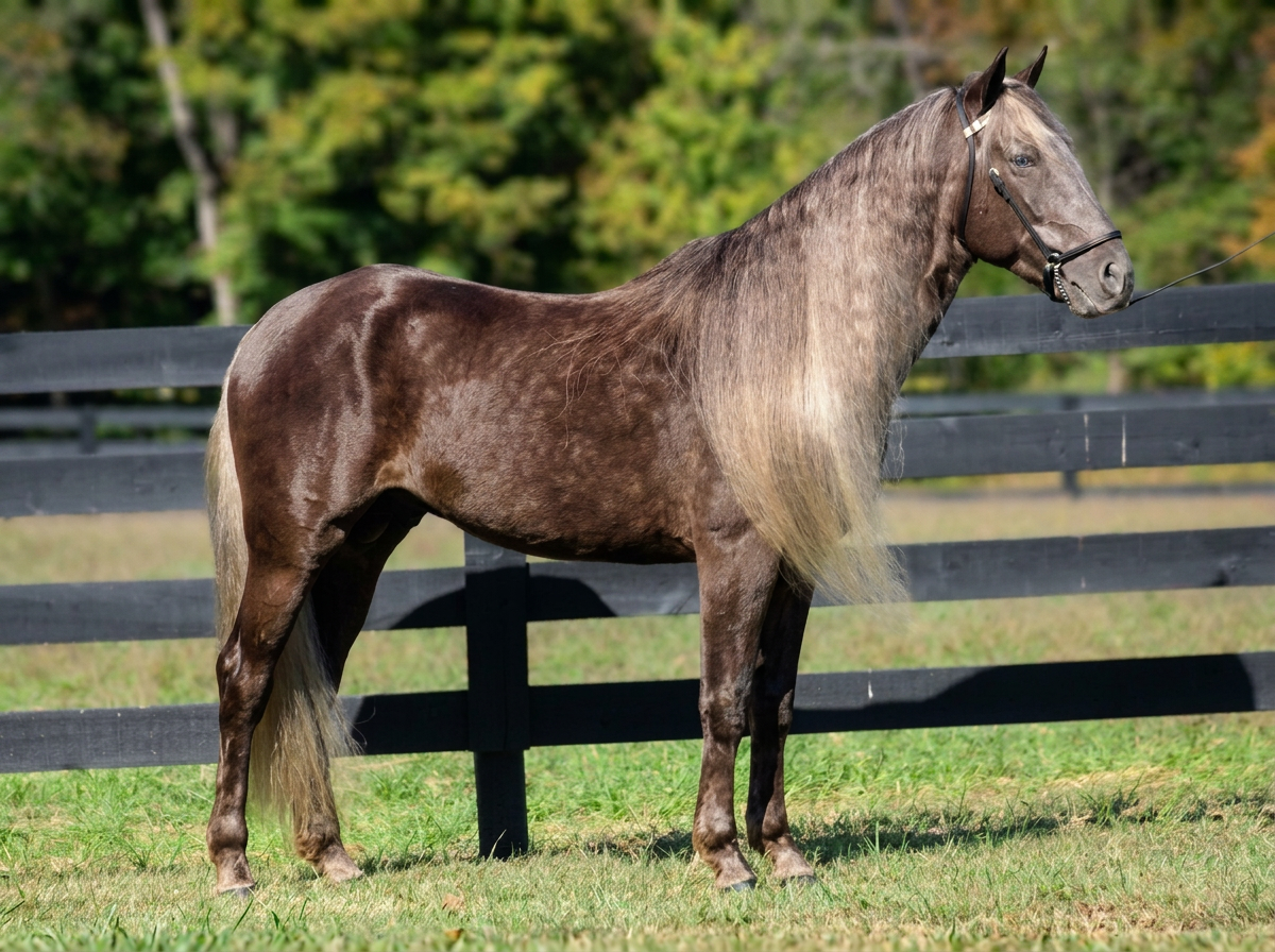A brown horse with a light mane and tail standing on grass in front of a black wooden fence, with trees in the background.
