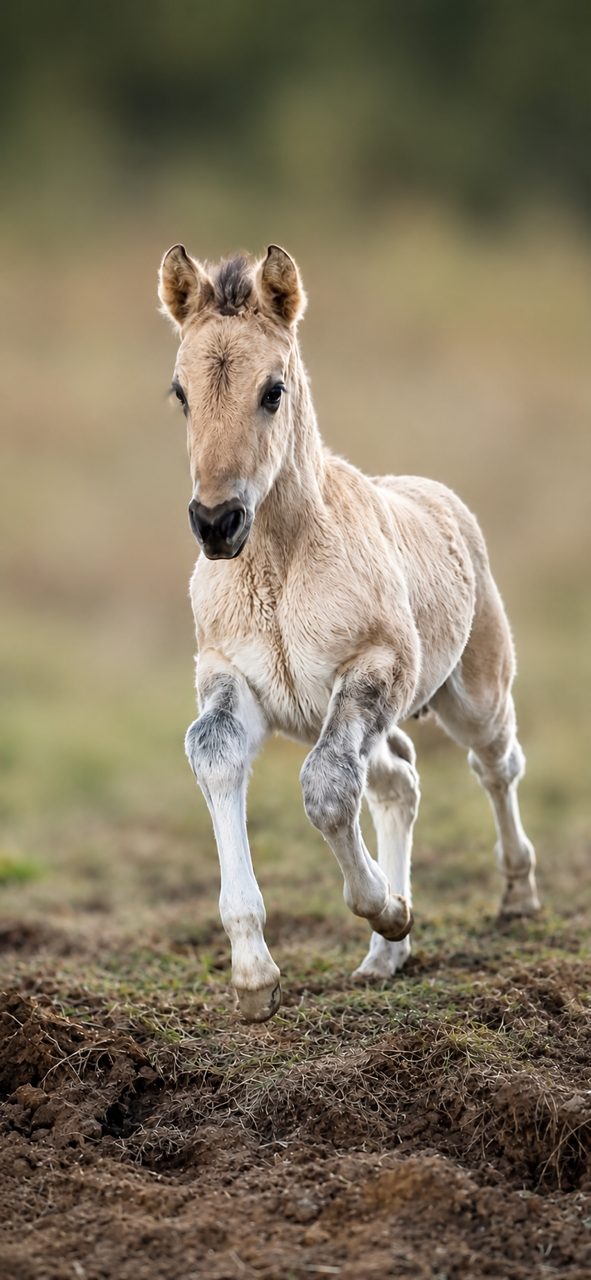 A young light-colored foal running outdoors on grass with a blurred natural background.