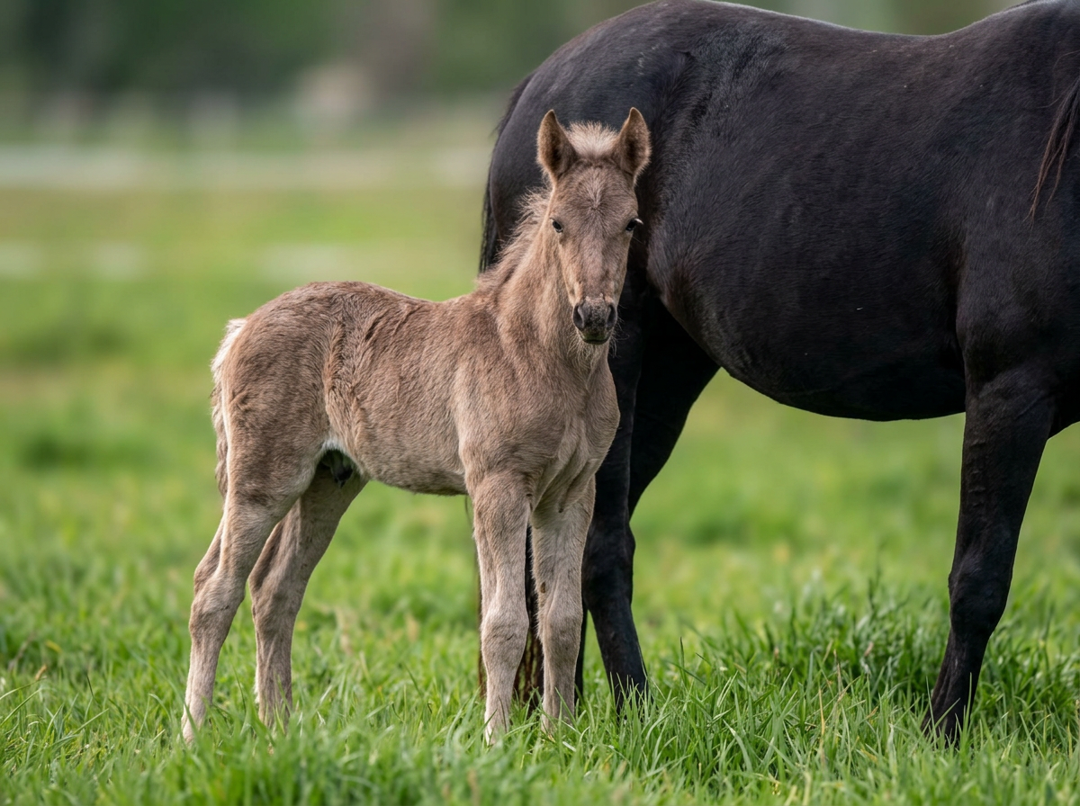 A young foal standing next to a mature black horse on a grassy field.