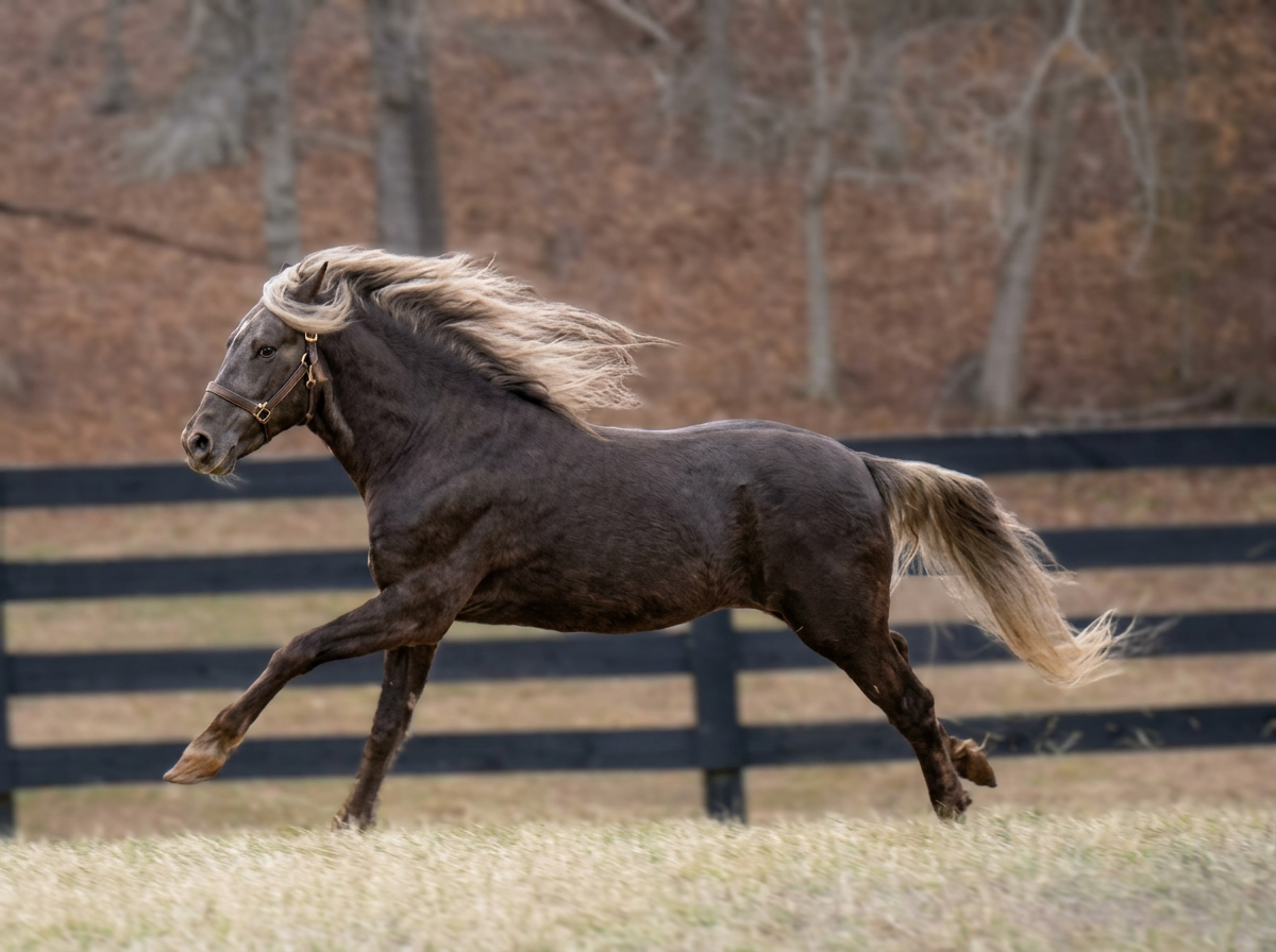 Silver Black Stallion, Rocky Mountain Horse, GHS Taking Reservations, running in the pasture.