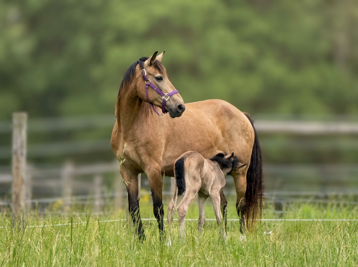 A mare with a foal in a grassy field with a wooden fence and trees in the background.