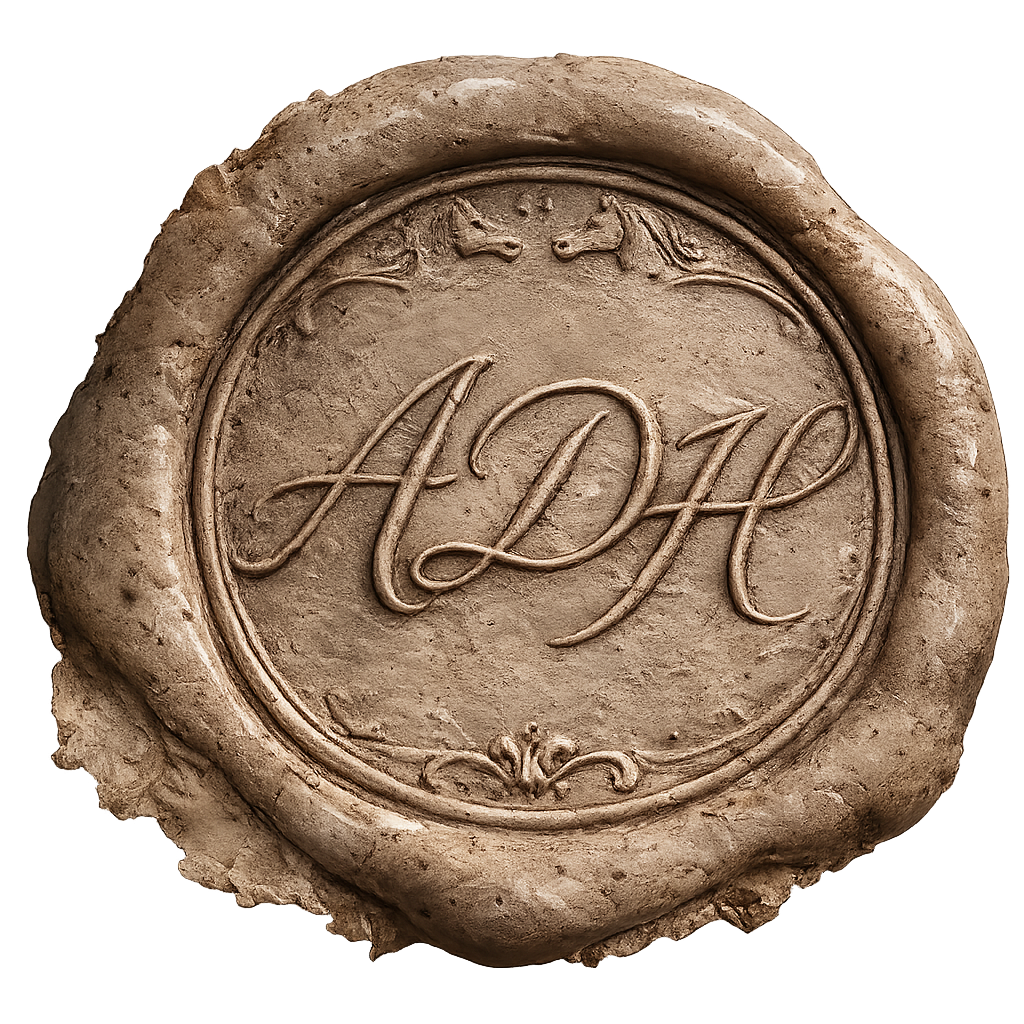 Vintage wax seal with embossed letters 'A D H' and decorative design, featuring a border with two horse heads at the top.