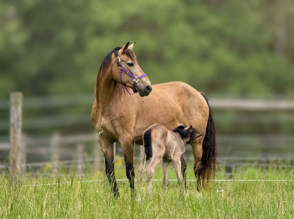 Purdue's Elektra, a buckskin mare from old bloodlines, nursing her foal in a green pasture.