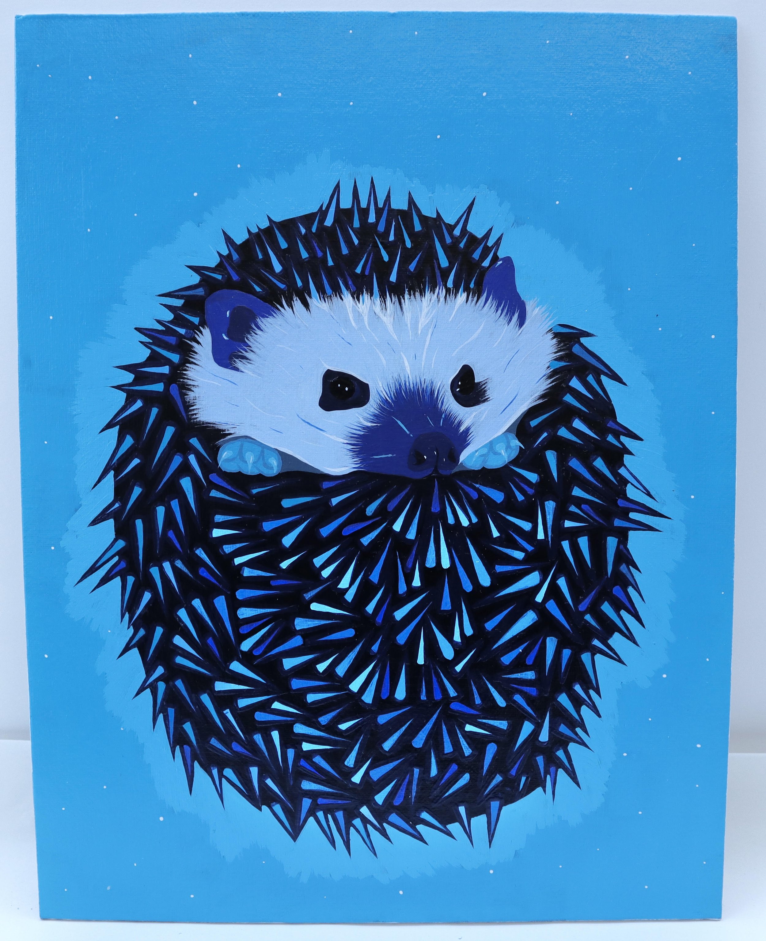 - Mochi, Winter 2023, Acrylic, 14'' x 11'', This is an acrylic painting of the hedgehog I had when I was younger in a blue chromatic scale made during my 2D design studio class. I decided to depict him in this color and add snow to represent winter