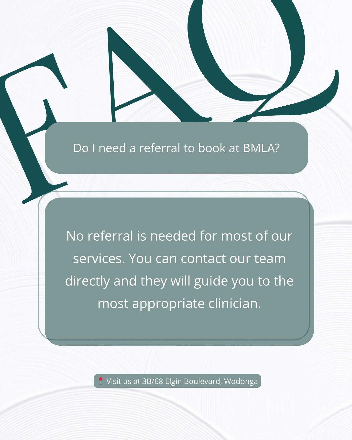 Do I need a referral to book at BMLA?

Short answer: in most cases, no referral is required. You are welcome to contact our team directly and our staff will guide you to the most appropriate clinician or service for your needs.

If you are unsure whe