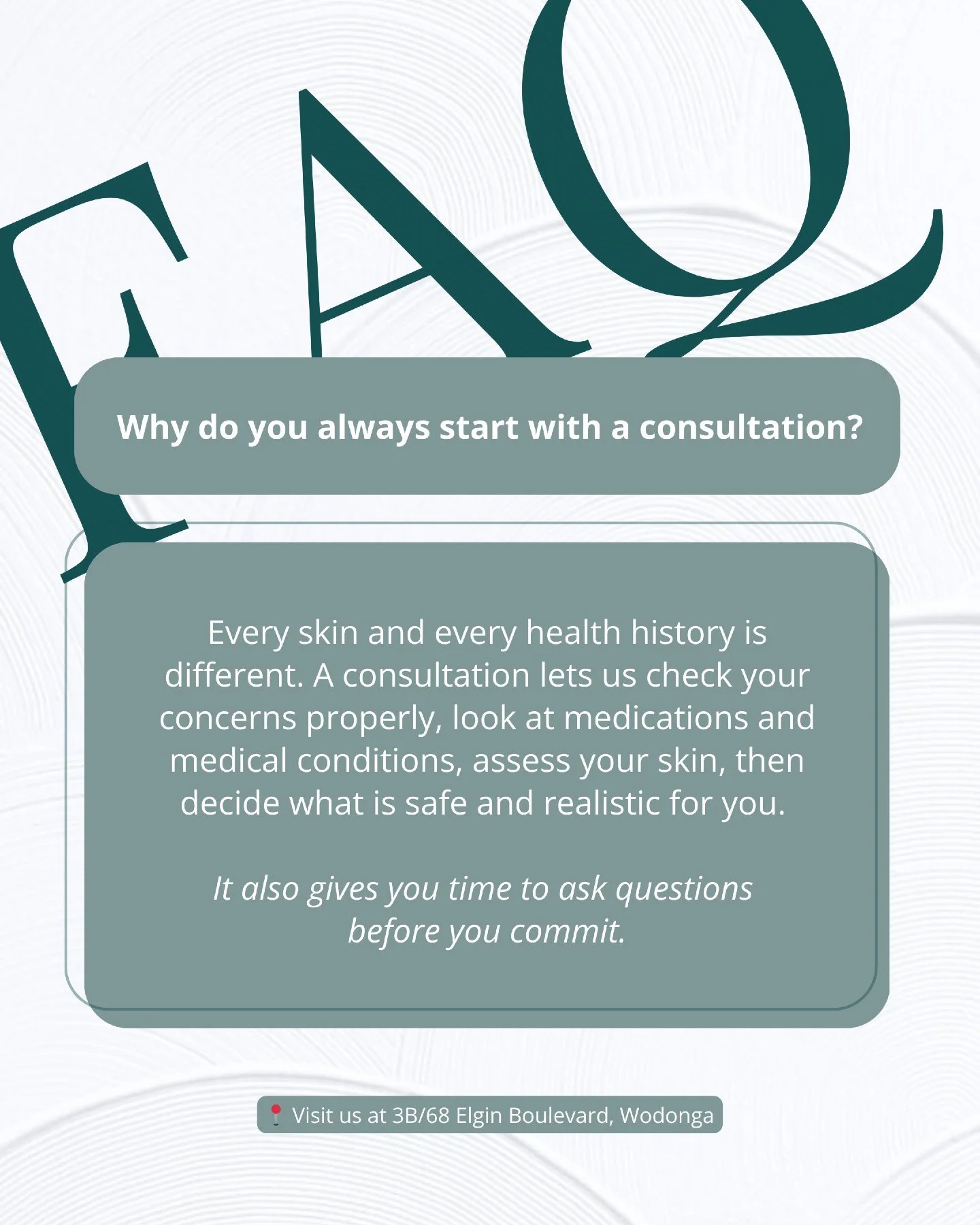 &ldquo;Why do you always start with a consultation?&rdquo;

Because your skin and health history are not the same as anyone else&rsquo;s.

Before we talk about treatments, we need to understand:
-Your main concerns and what is bothering you most
-You