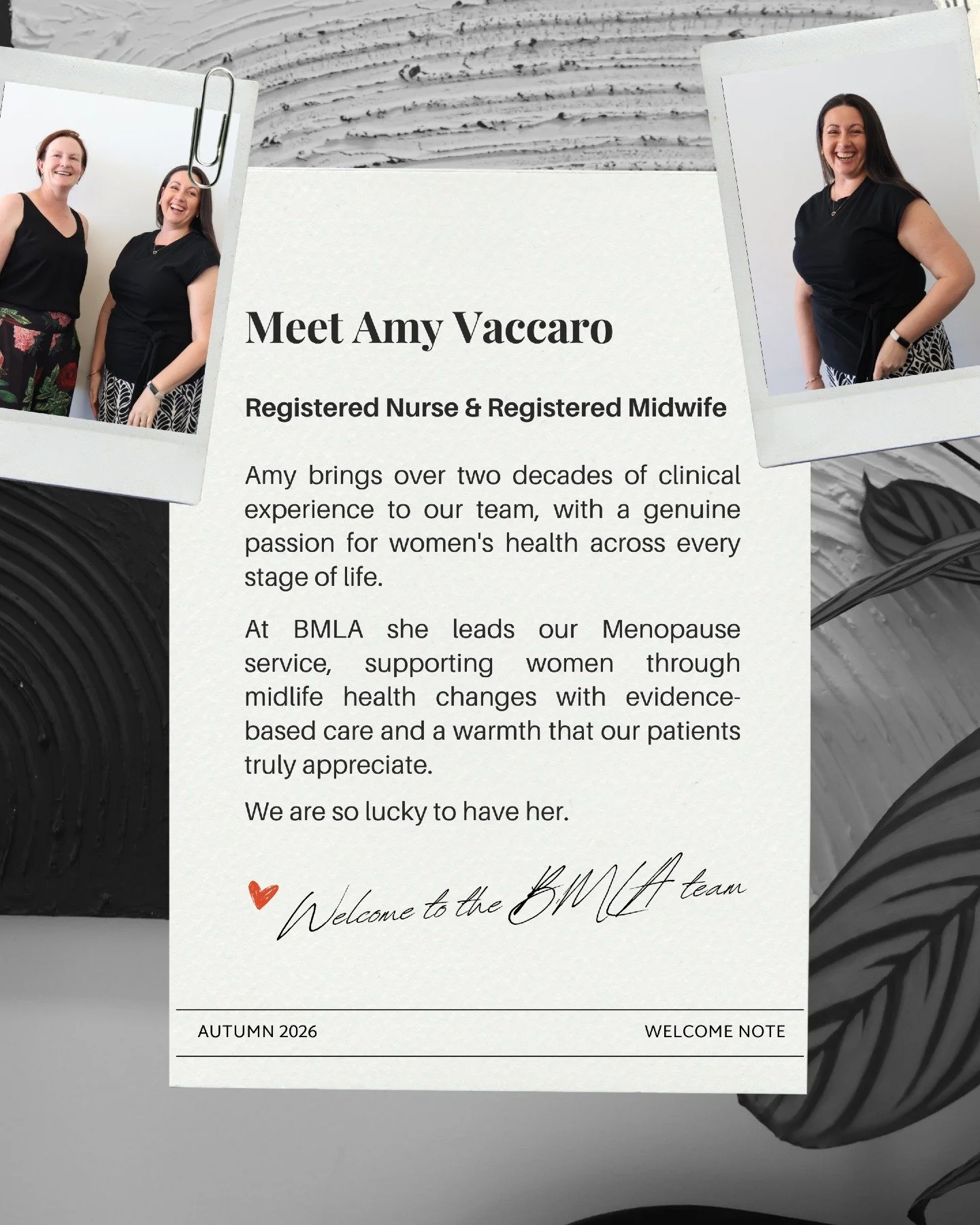 We wanted to take a moment to introduce one of our wonderful team members &mdash; Amy Vaccaro, Registered Nurse and Registered Midwife.

Amy brings over two decades of clinical experience to our team, with a genuine passion for women's health across 