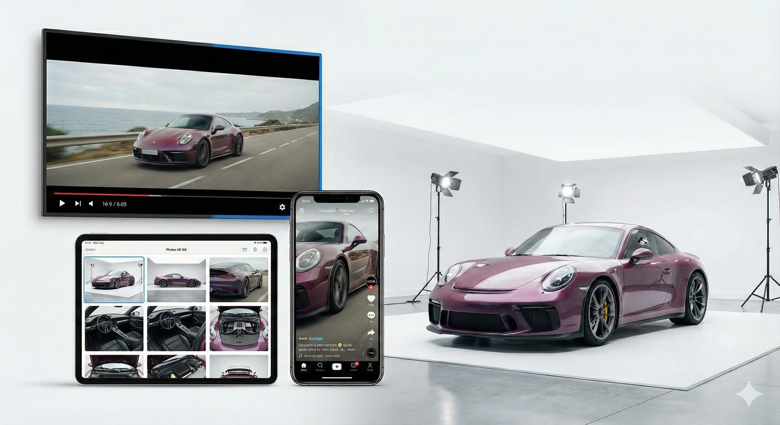 Une voiture de sport rouge foncé dans un studio avec éclairage professionnel, un écran plat affichant une vidéo de la voiture en déplacement, et deux tablettes montrant des photos et vidéos de la même voiture.