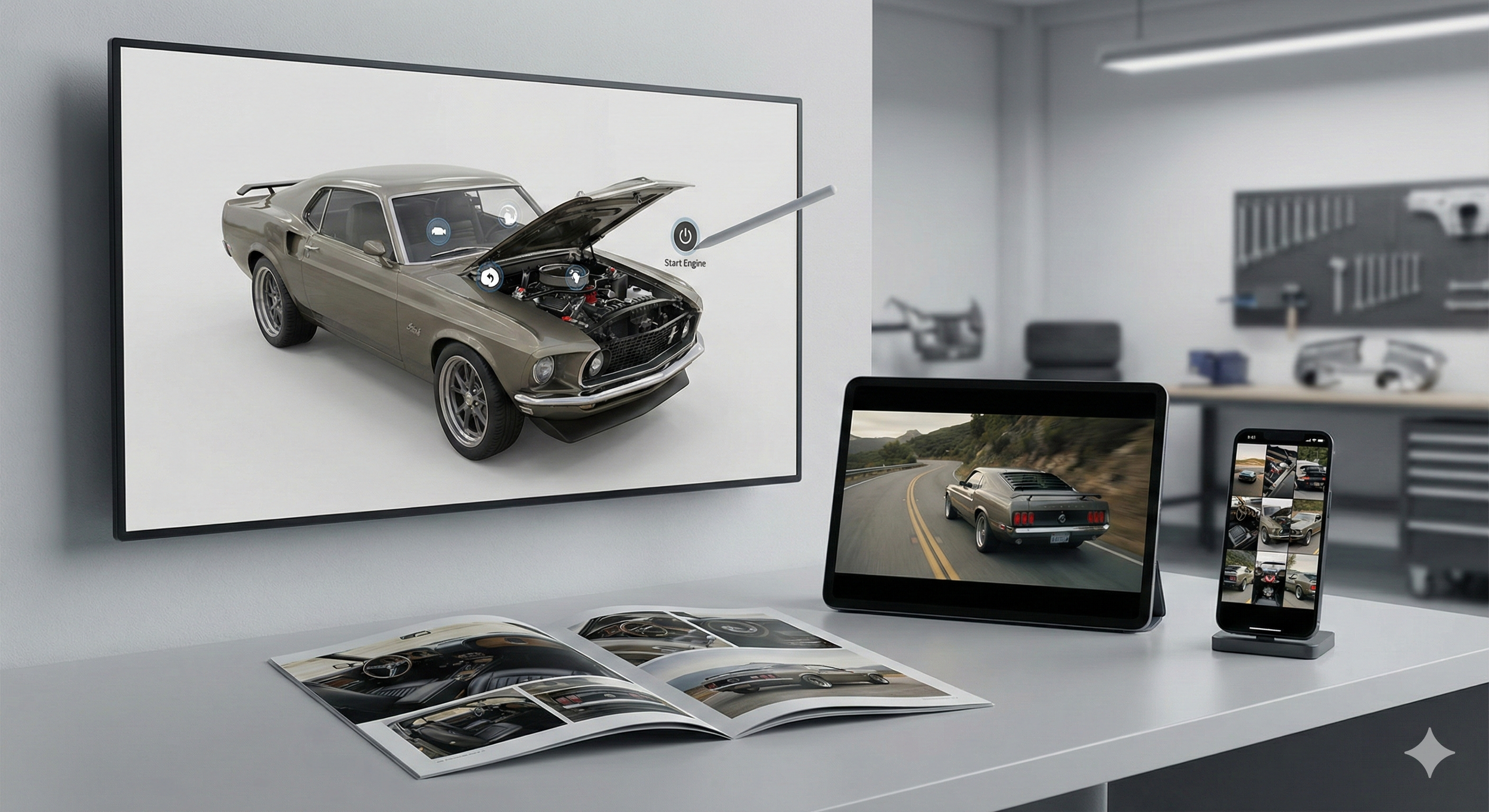 Une station de travail avec un écran affichant une voiture de collection avec le capot soulevé, une tablette et un smartphone montrant des images de voitures en mouvement, et un magazine avec des photos de voitures sur la table.