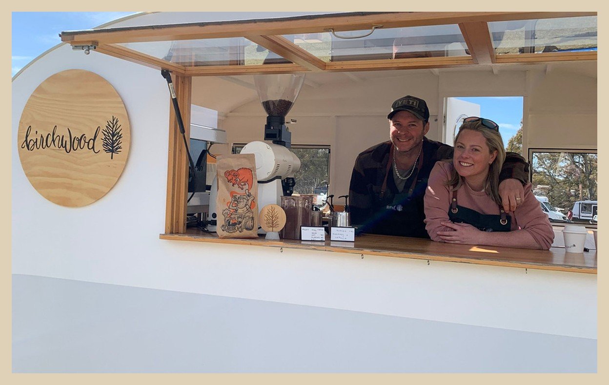 Kane and Laura with Baby Birchy, the Birchwood vintage coffee and cocktail van