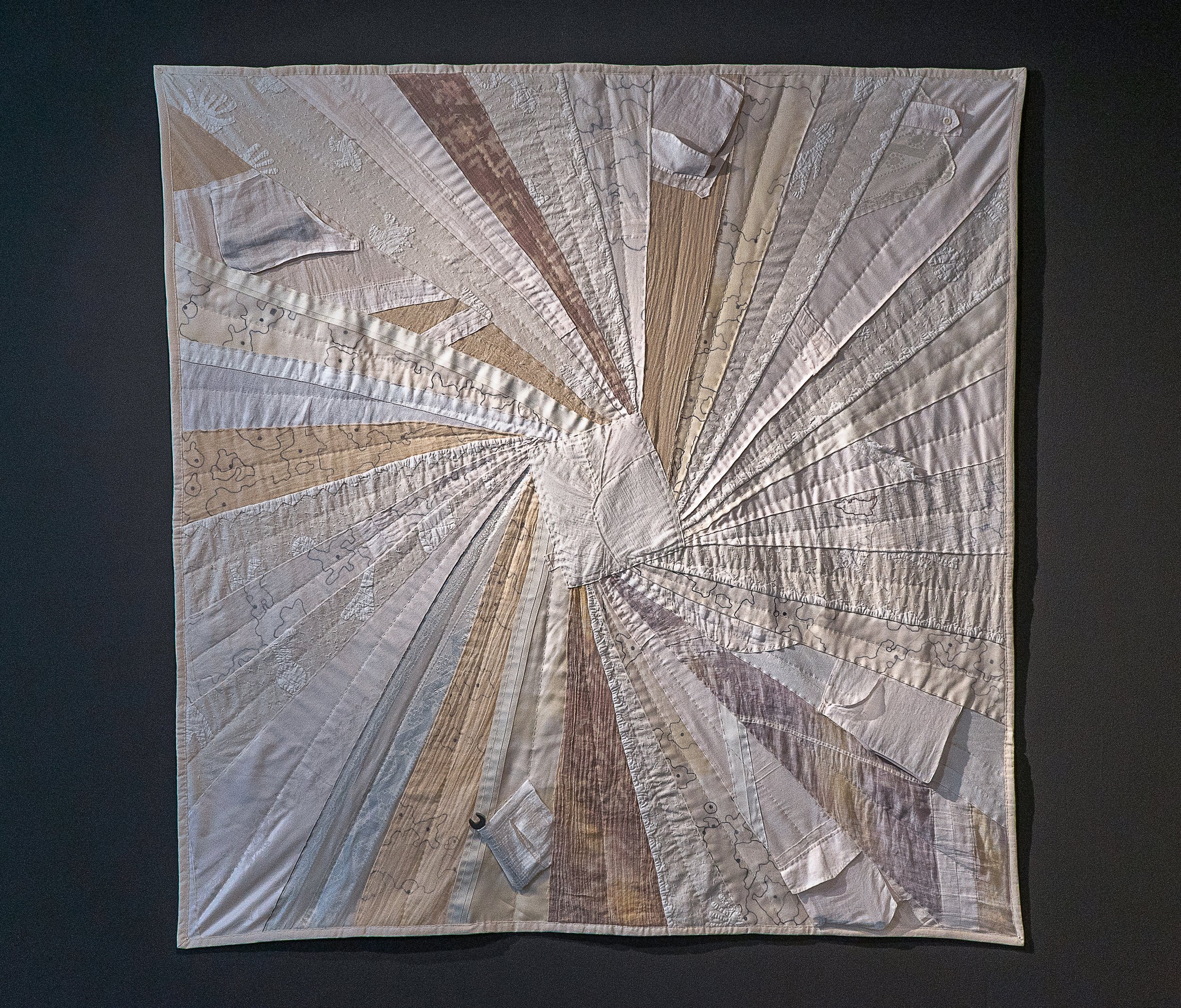 Sum of My Parts, 2022
Hand-stitched quilt made from wedding dress from 2nd marriage, clothes worn after birth of my last child to hide my body, baby blanket from youngest child, linens from paternal grandmother, avocado-dyed cheesecloth, Nigerian fa