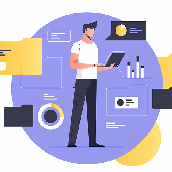 Illustration of a person using a tablet with charts and data visuals around them.