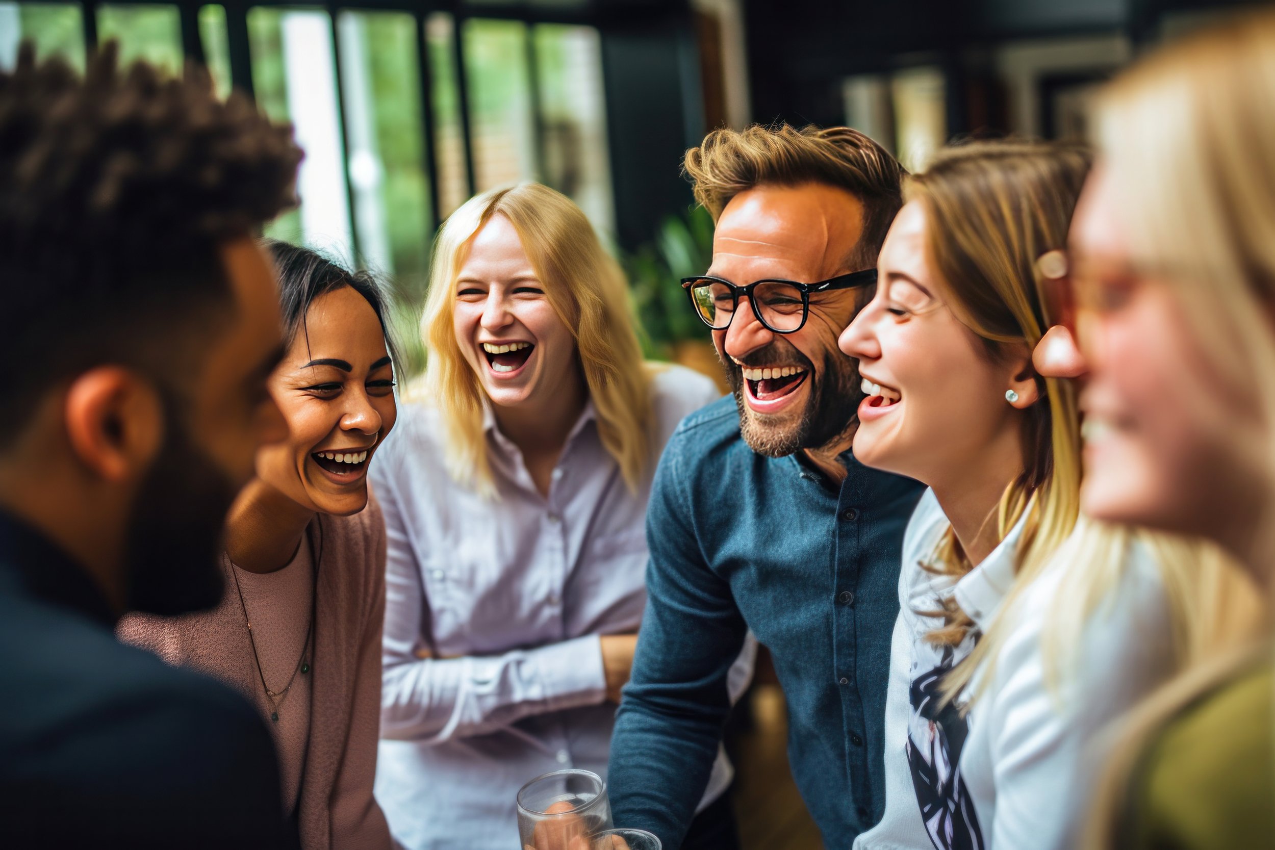 Group of diverse friends laughing and smiling together indoors, with large windows and greenery outside.
