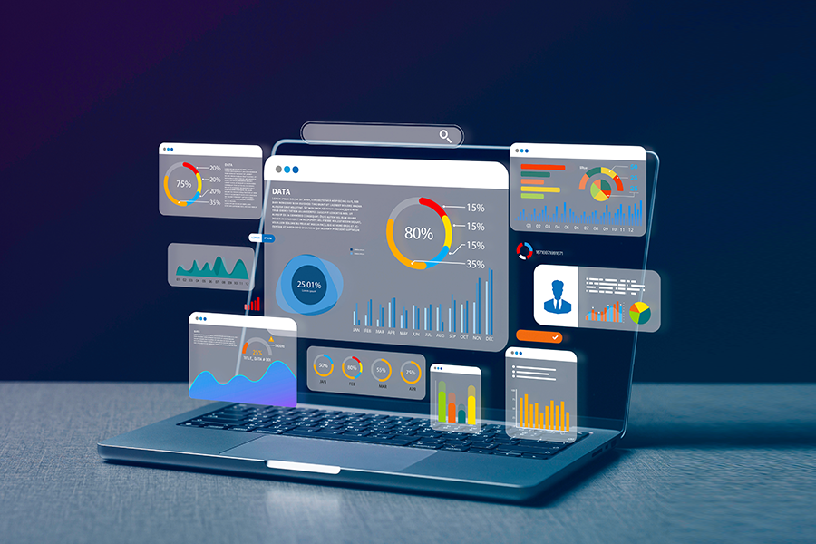 A laptop with floating data charts and graphs displaying analytics, statistics, and user profiles.