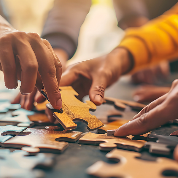 Multiple hands are assembling a puzzle with various colored pieces on a table.