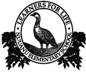 Logo for Learners for Life, Nuanuu Elementary School, featuring a stylized bird, possibly a hawk or falcon, with the organization name encircling it, and decorative foliage around the bottom.
