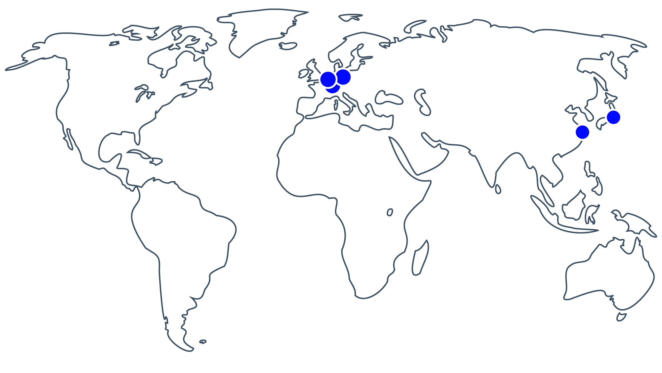 Weltkarte mit Punkte für unseren Standorte Köln, Pforzheim, Berlin, Ningbo und Tokio