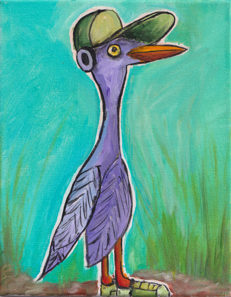 "Running Randy", Heron, 20 x 25 cm, acrylic on canvas, SOLD