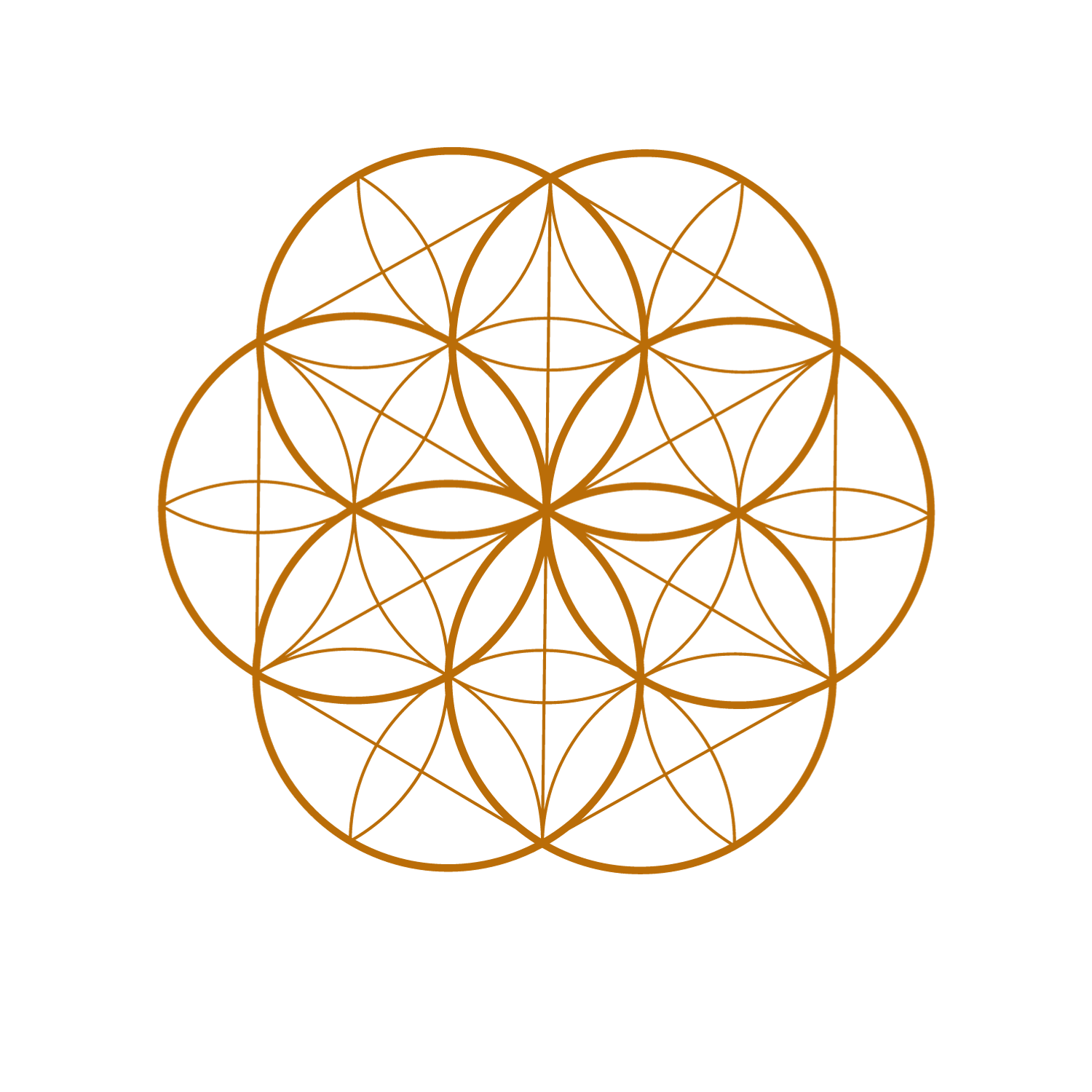 A geometric design, based on the fibonacci sequence, the flower of life with intricate, interconnected circular and triangular shapes rendered in gold.