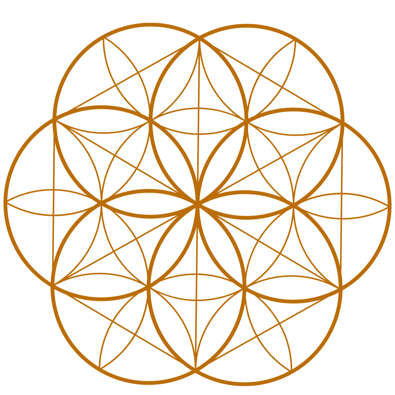 A geometric design, based on the fibonacci sequence, the flower of life, featuring interconnected circles and lines forming a complex symmetrical pattern rendered in gold.