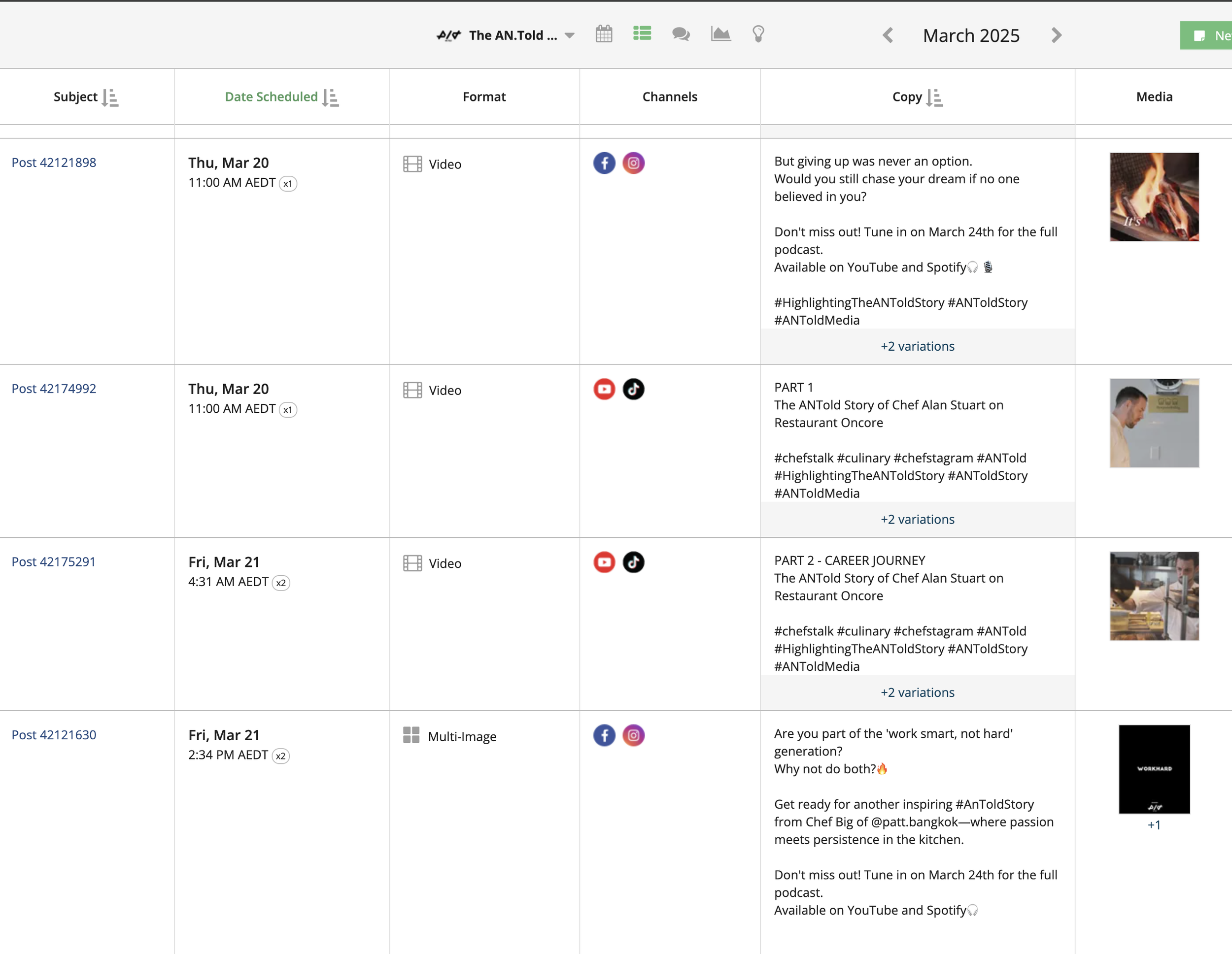 A social media content scheduling calendar for March 2025, showing posts with details like date, time, format, channels, and content description. Posts focus on storytelling and video content related to culinary topics, chefs, and podcasts, planning for platforms like Facebook, Instagram, YouTube, and TikTok.