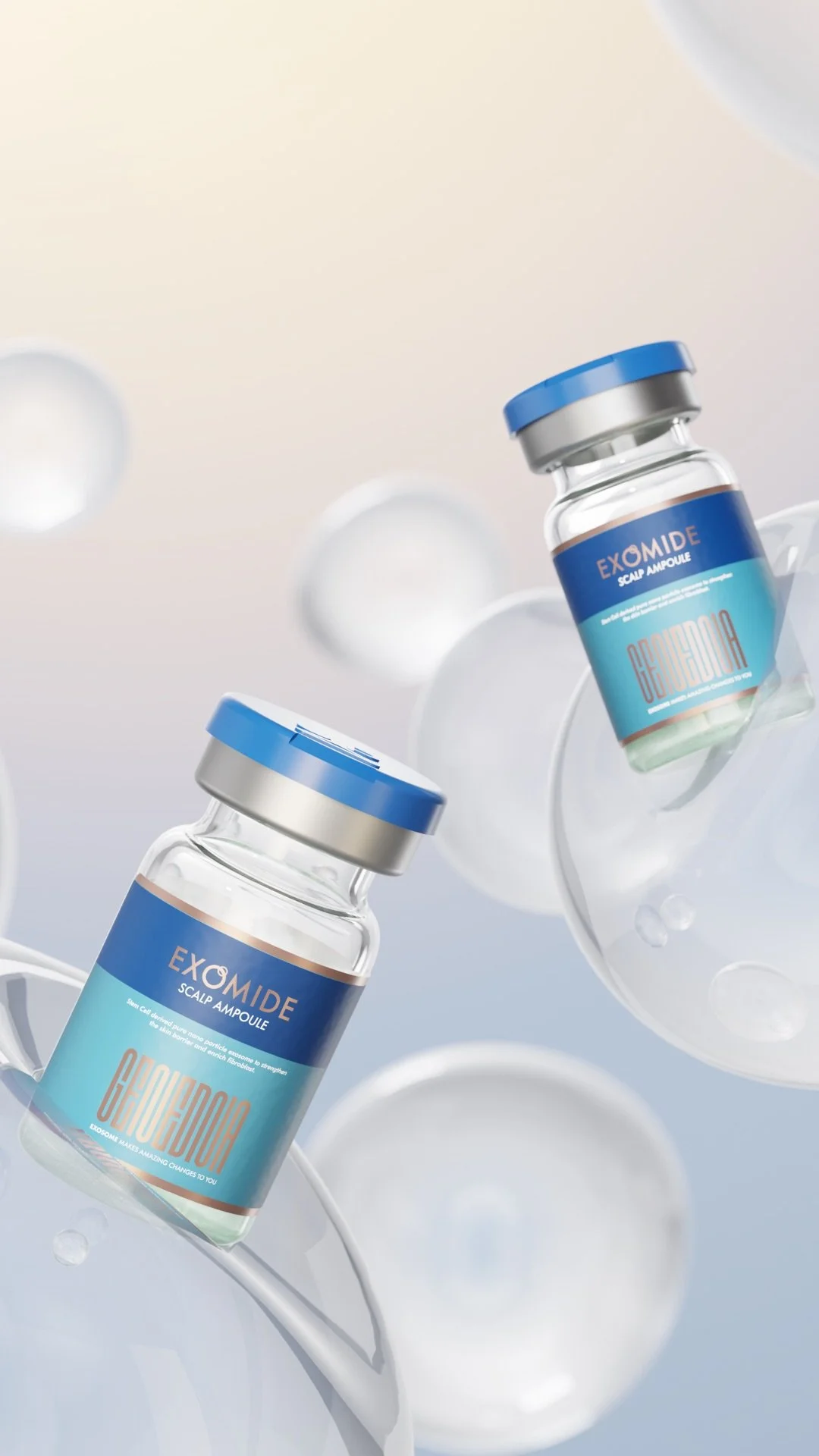 Two bottles of Exomide scalp ampoule placed on a curved white surface with a soft gradient background.