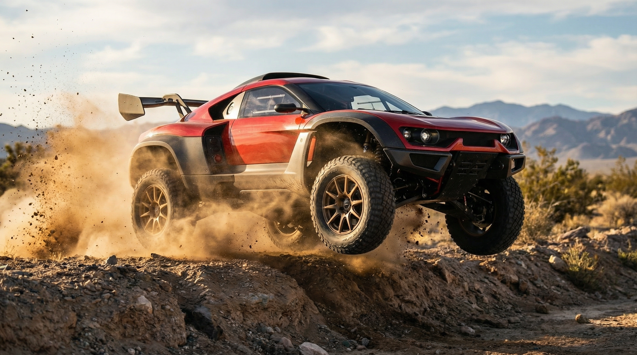 A vintage silver Porsche 911 sports car parked on a dirt road in a mountainous landscape with snow-capped peaks and cloudy sky in the background.