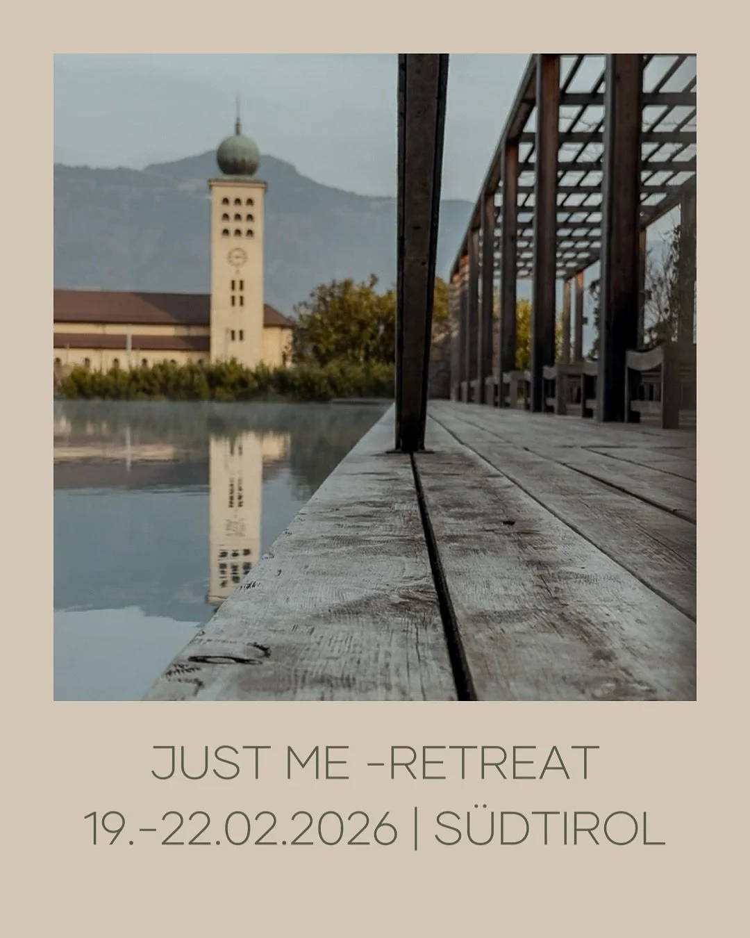 ✨ JUST ME &ndash; Retreat ✨
19.&ndash;22. Februar 2026 | Hotel Schwarzschmied, S&uuml;dtirol

Ein Wochenende nur f&uuml;r dich. Ohne To-Do-Listen, ohne Verpflichtungen, ohne Kind(er) &ndash; daf&uuml;r mit ganz viel Bewegung, Ruhe, Genuss und Inspira