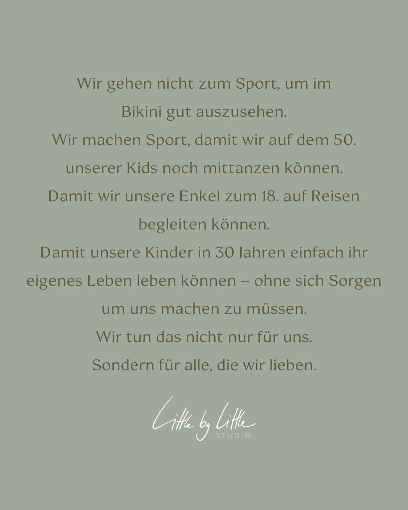 That&rsquo;s why we&lsquo;re here 🫶🏼

Sport ist f&uuml;r uns so viel mehr als Aussehen.
Es geht um Lebensfreude, um Gesundheit, um Zukunft.
Darum, mit unseren Kindern und Enkeln Momente zu erleben &ndash; tanzend, lachend, reisend.

Wir bewegen uns
