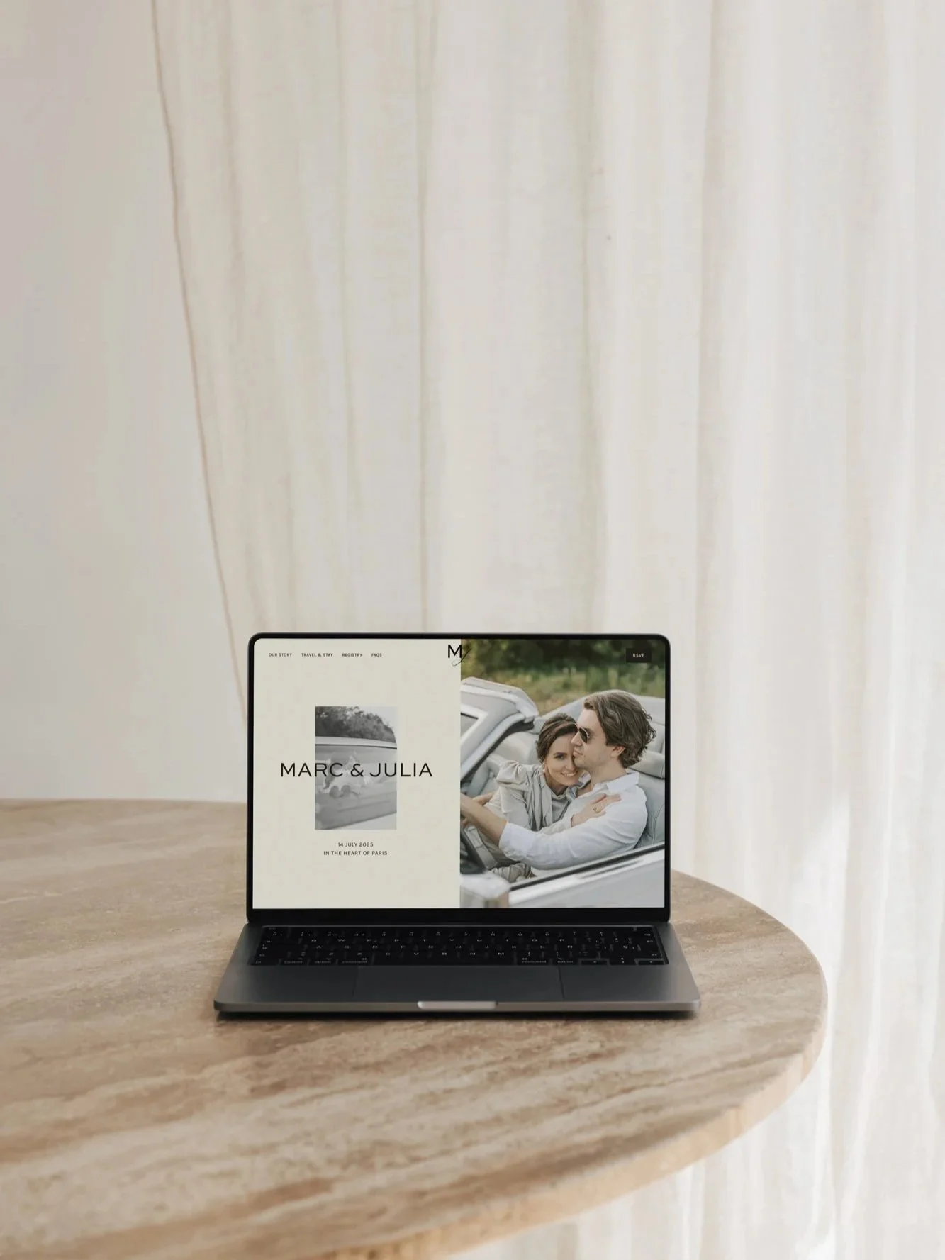 Luxury wedding website homepage with clean navigation for modern couples by Avelã White.