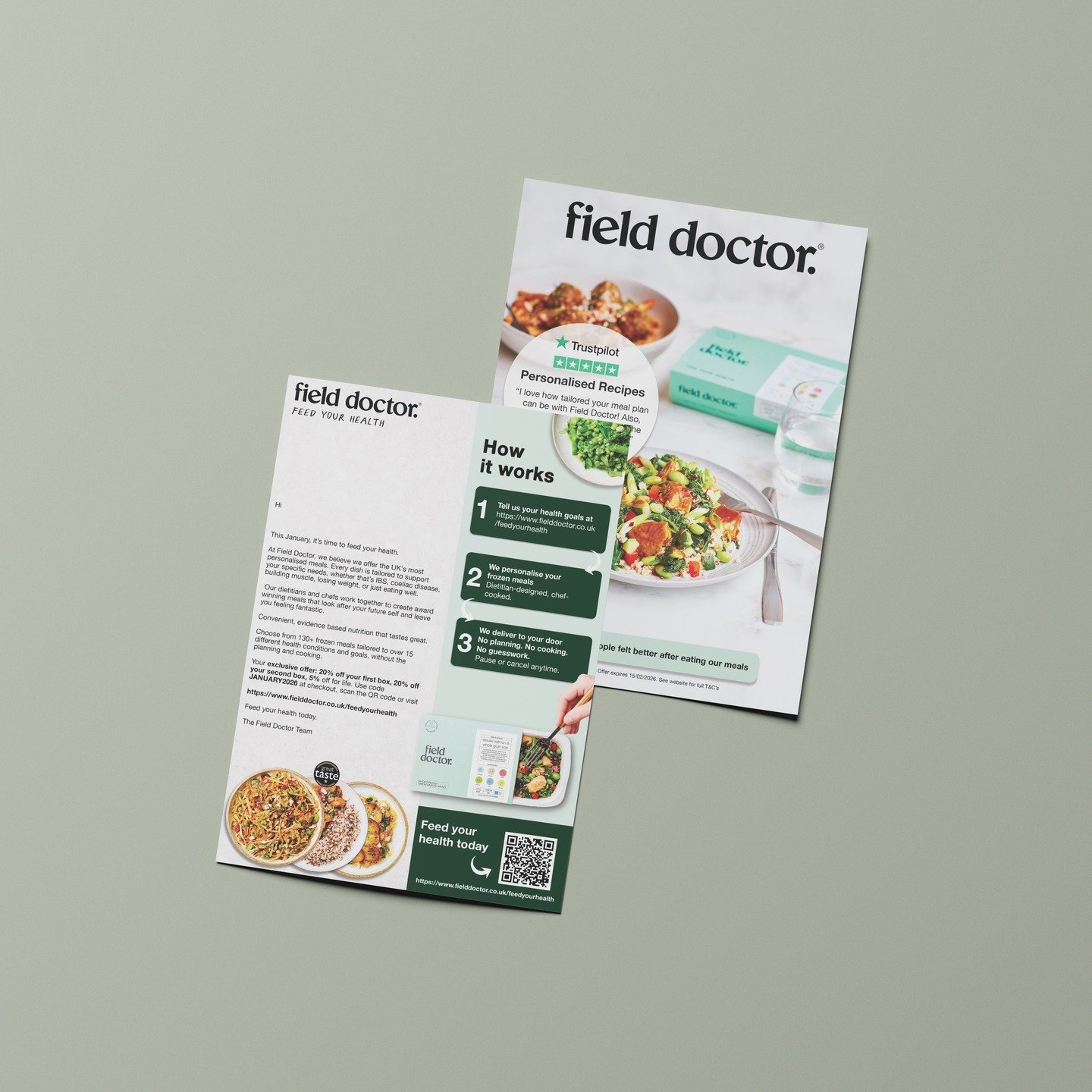 JHET &times; Field Doctor 🍽️🥗

Offline, but far from old-school. 📬

A data-led direct mail campaign designed to drive real sign-ups and re-engagement:

🏡 Smart household targeting
🤝 Seasonal offers &amp; referrals
💻 QR-driven online conversion
