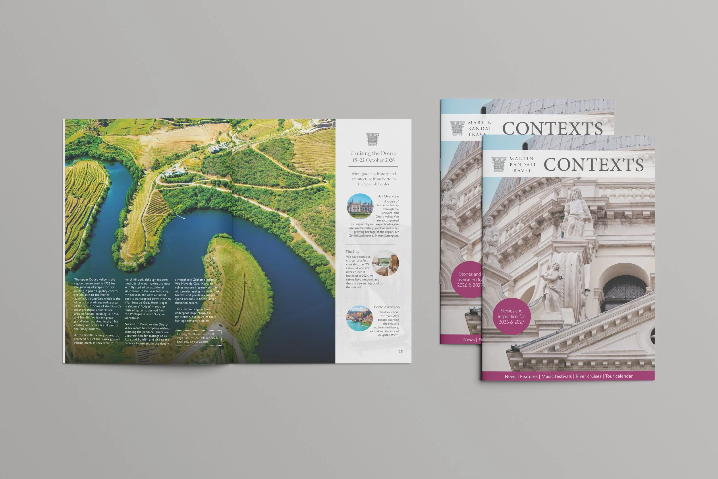 Flyer and two brochures about travel, featuring aerial view of the Douro River valley with vineyards and landscape in Portugal on the flyer, and architectural detail of a classical building on the brochures.