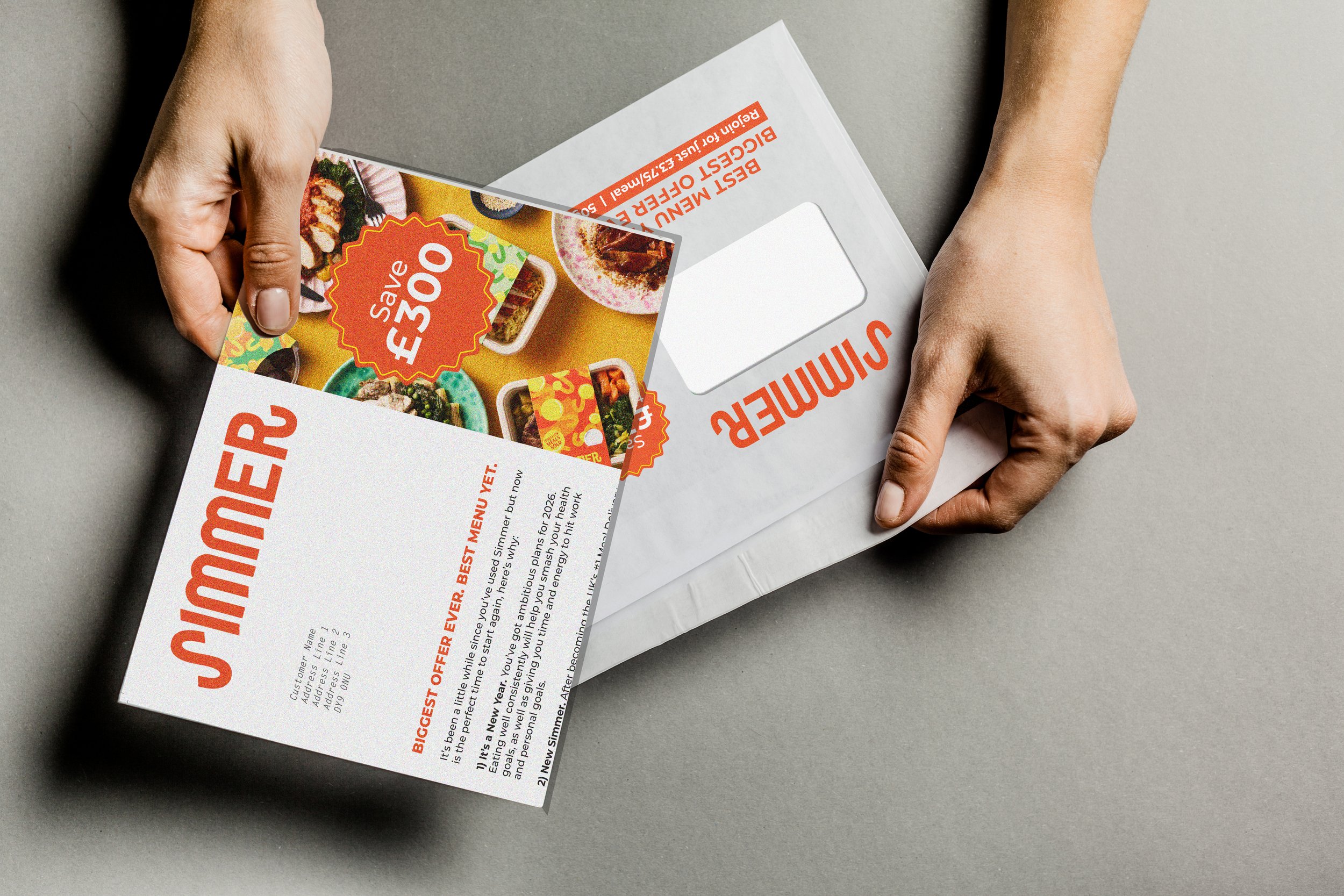 Three promotional flyers for Simmer meals, featuring discounts, new meal options, and package details, with images of food dishes and bright color highlights.